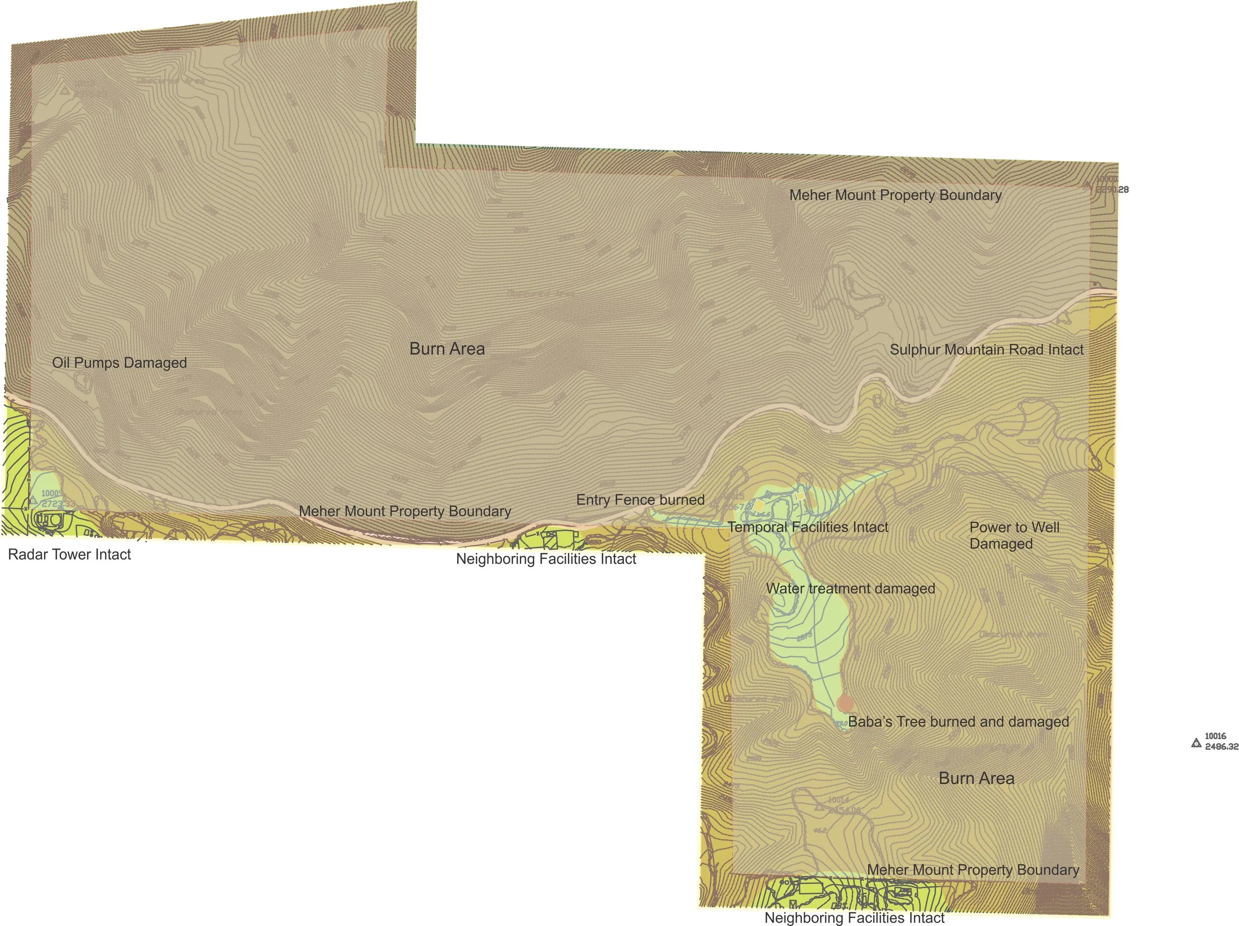A MAP OF MEHER MOUNT highlighting the burned areas from the 2017 Thomas Fire. (Map: Byron Pinckert, December 21, 2017)
