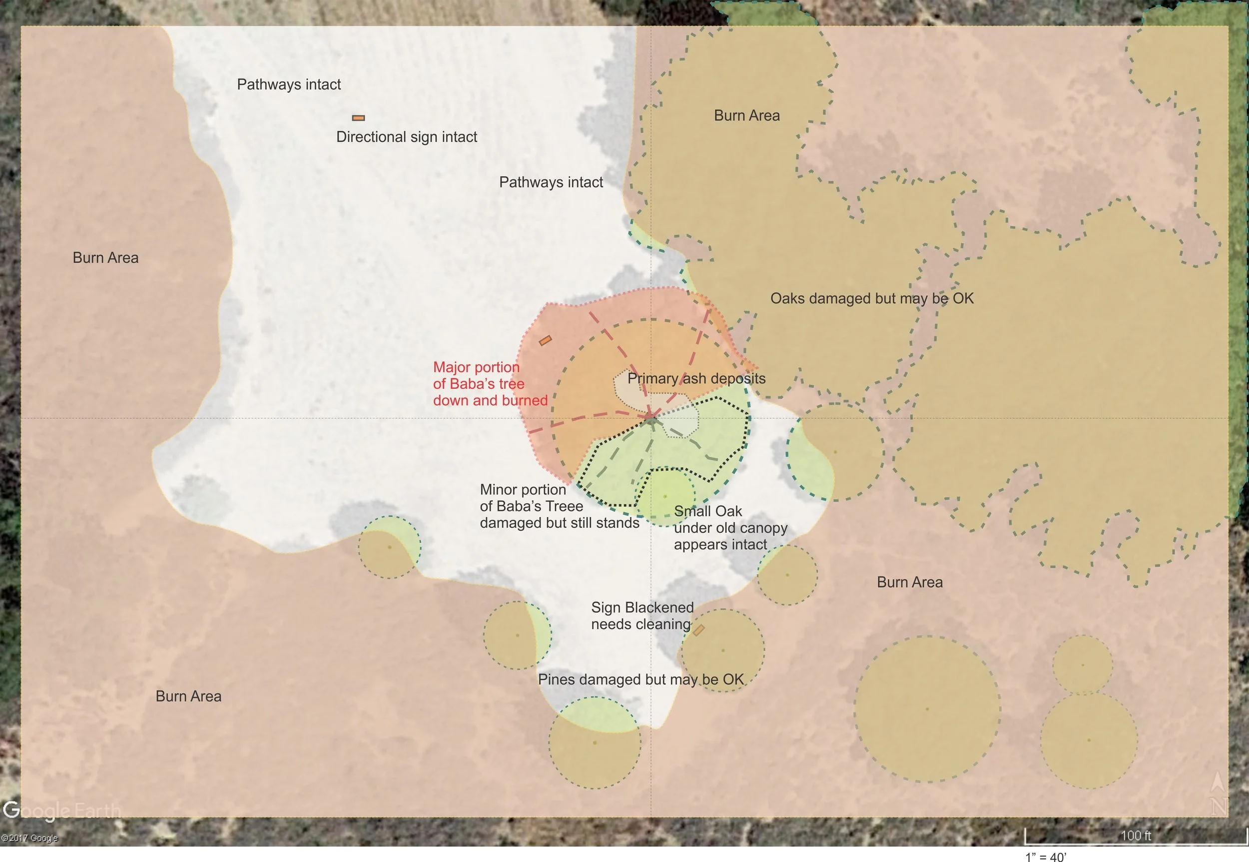 A MAP OF THE MEADOW TO BABA'S TREE, Baba's Tree and Avatar's Point at Meher Mount highlighting the burned areas and damage from the 2017 Thomas Fire. (Map: Byron Pinckert, December 21, 2017)