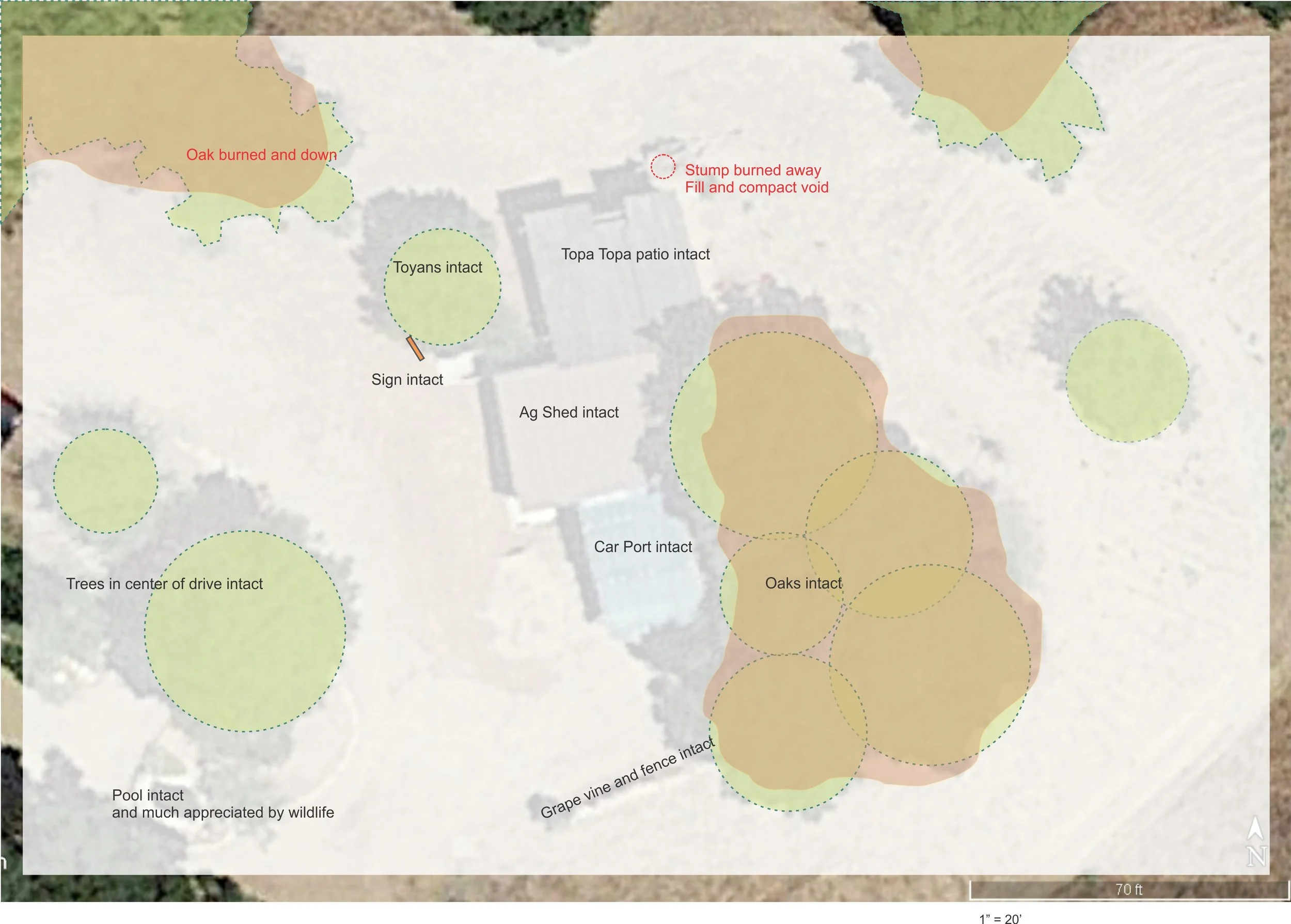 A MAP of the Topa Topa Patio and Workshop (AgShed) at Meher Mount after the 2017 Thomas Fire. (Map: Byron Pinckert, December 21, 2017)