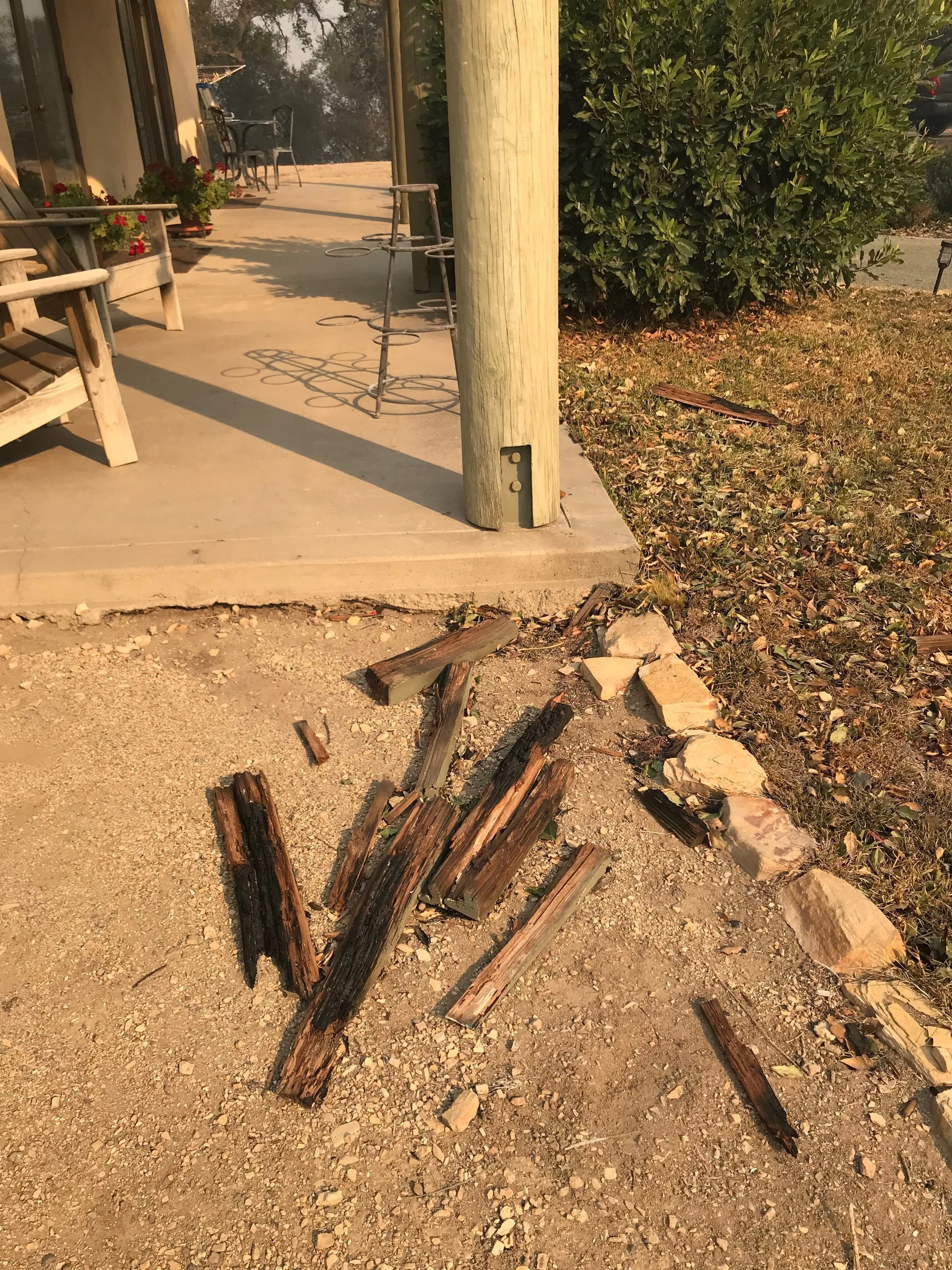 BURNED PIECES of the trellis for the Visitor Center/Caretaker Quarters from the 2017 Thomas Fire. The ground immediately around the trellis was untouched by fire. (Photo: Buzz Glasky, December 2017)
