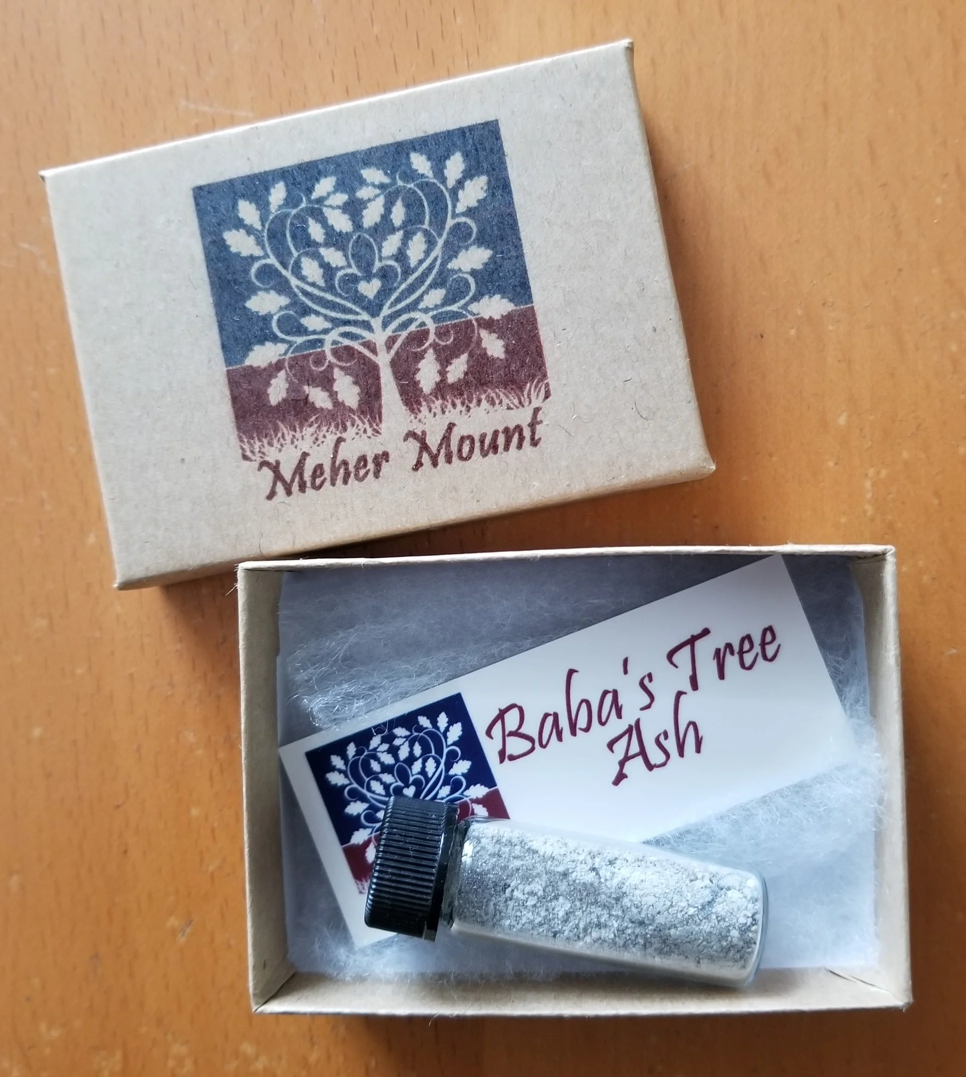 KEEPSAKES VIALS of ash from Baba's Tree are a thank you to all donors and volunteers supporting Meher Mount in the year of the Thomas Fire. (Photo: Margaret Magnus, May 9, 2018)