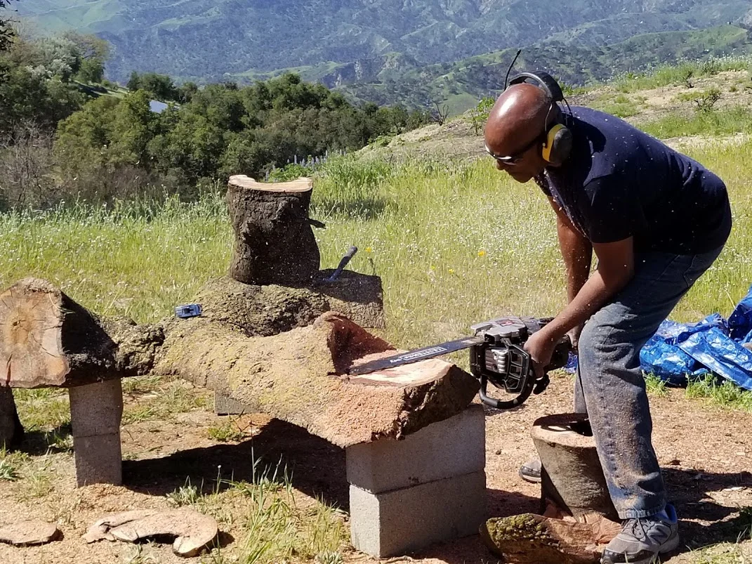 ARTISAN HAROLD GREENE cutting a space for the legs for the bench made from fallen wood of Baba's Tree at Meher Mount. (Photo: Margaret Magnus, April 20, 2018)