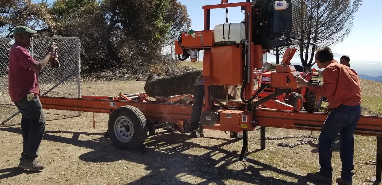 HAROLD GREENE (left) documenting the milling process while Peter Harnisch (right) handles the portable sawmill he brought to harvest the fallen wood from Baba's Tree at Meher Mount. (Photo: Margaret Magnus, February 5, 2018)