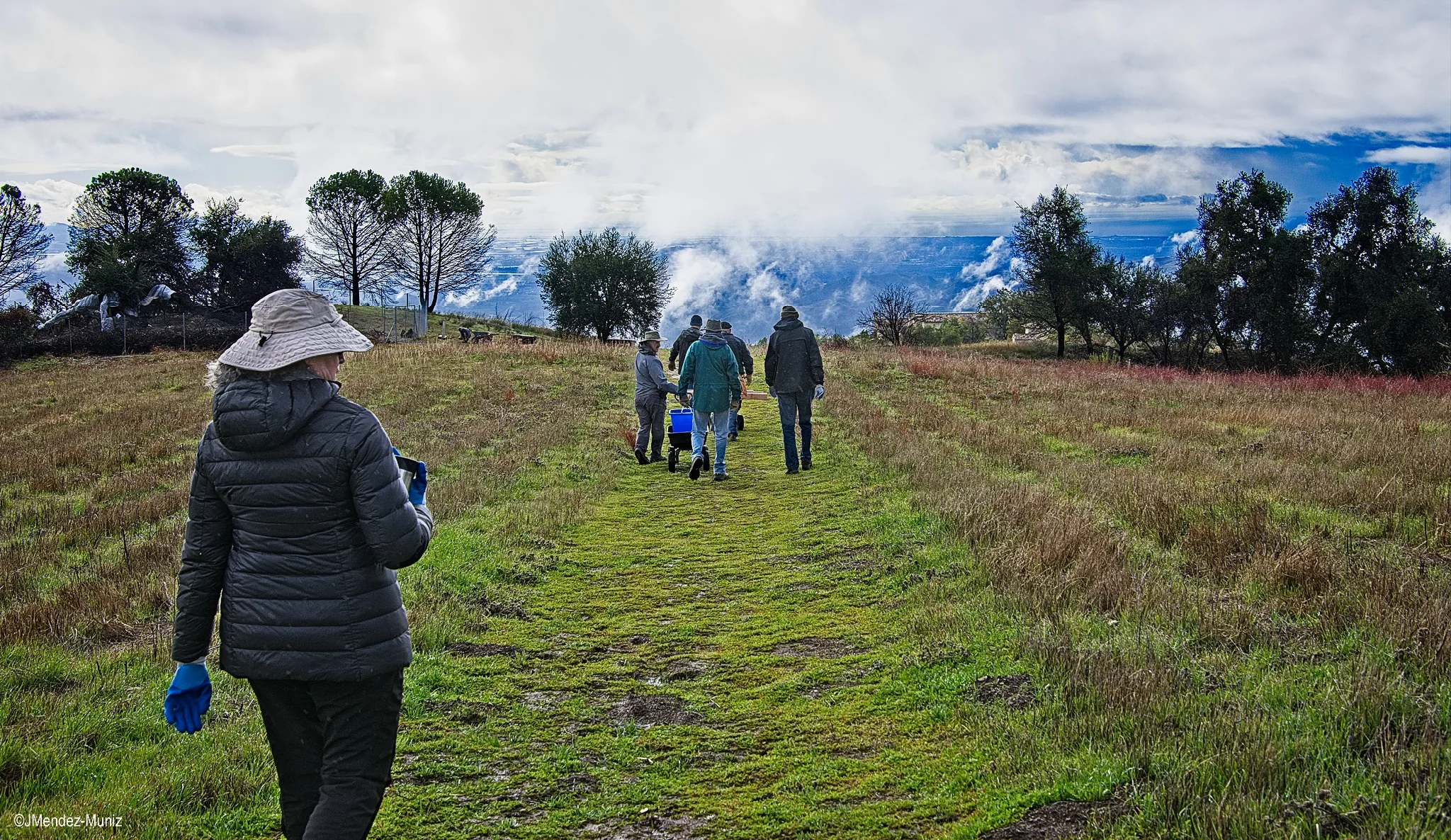 VOLUNTEERS WALKING ON BABA’S PATH to Baba’s Tree (inside the seclusion fence) to harvest dhuni sticks at Meher Mount. The sun has just come out, and the skies were spectacular following the rainstorm. (Photo: Juan Mendez, January 12, 2019)