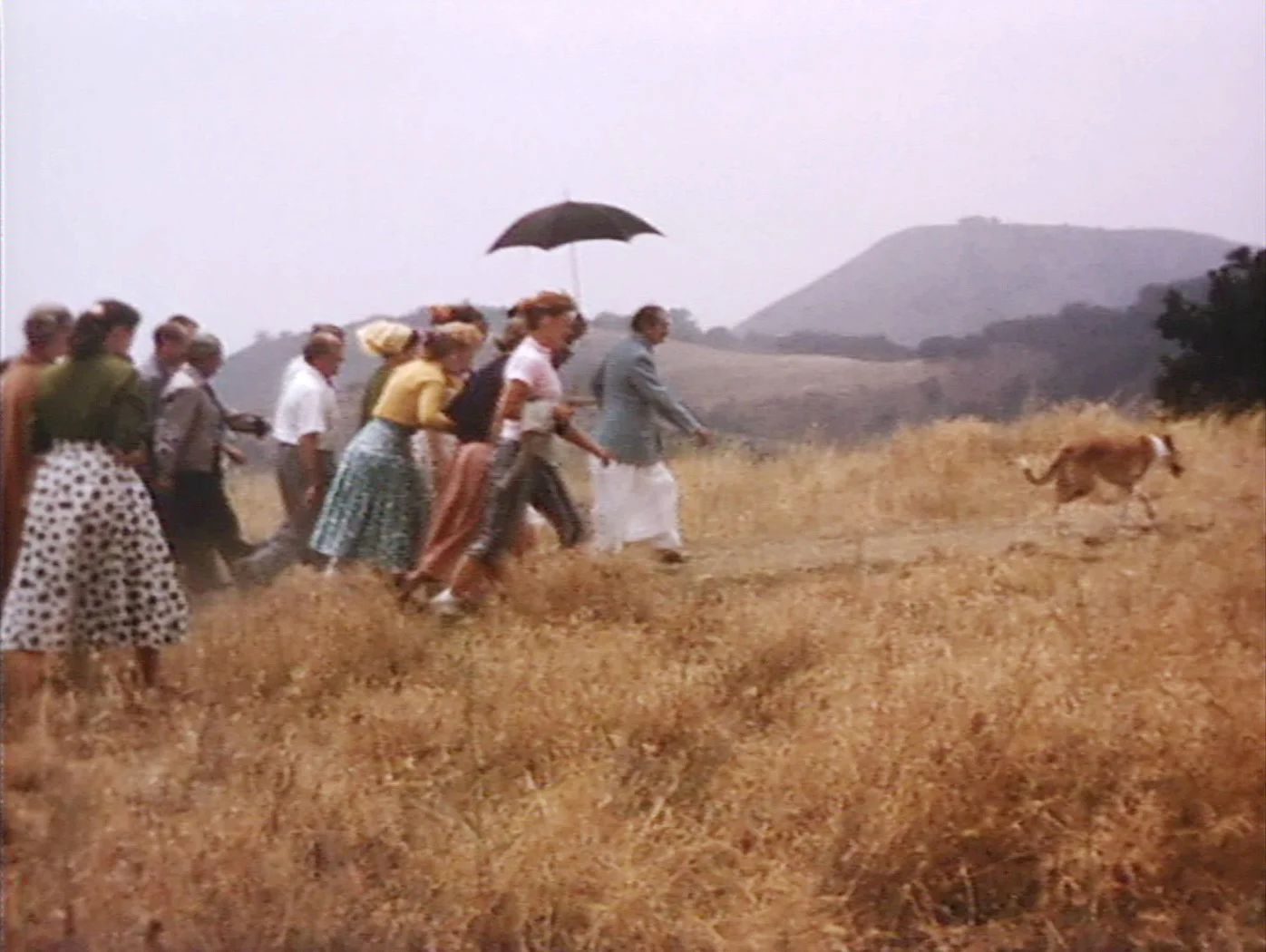 AVATAR MEHER BABA’S FOLLOWERS are hurrying to keep up with Him on a tour of Meher Mount on August 6, 1956. This photograph is a screen capture from the film, Meher Baba in the USA, 1956 , by Charmian Duce Knowles and produced and copyrighted by Sufism Reoriented. (Image: Courtesy David Pastor, Sufism Reoriented)