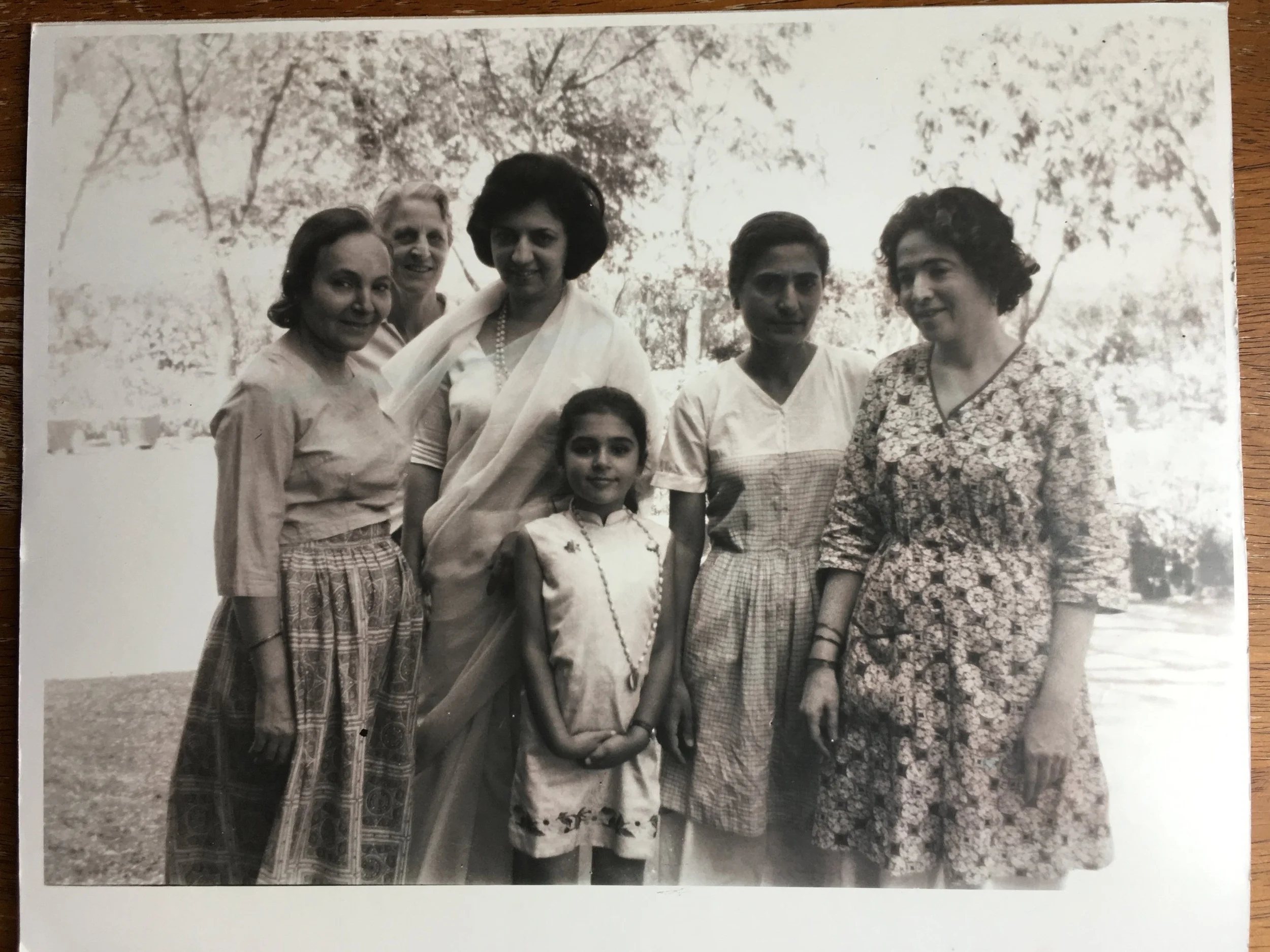 SHIREEN BONNER (center) at age seven with the women mandali and her mother. (Left to right): Mehera J. Irani, Rano Gayley, Franey Irani (her mother), Meheru Irani, and Mani S. Irani (Meher Baba's sister and Shireen's auntie). Shireen will share her memories of being with the women during her visits to see Meher Baba at the August 3, 2019 celebration at Meher Mount. (Photo: Shireen Bonner)