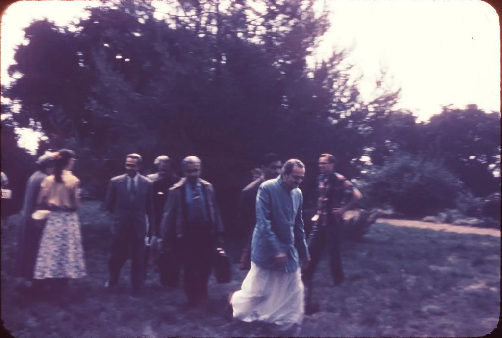 AVATAR MEHER BABA at Meher Mount on August 2, 1956. With Him are (left to right) Ivy Duce, Sparkie Lukes, Meherjee Karkaria, Adi K. Irani, and Eruch Jessalwala. (Photo: Darwin Shaw, ©Meher Nazar Publications) If you can identify anyone else in this photo, please contact Meher Mount.