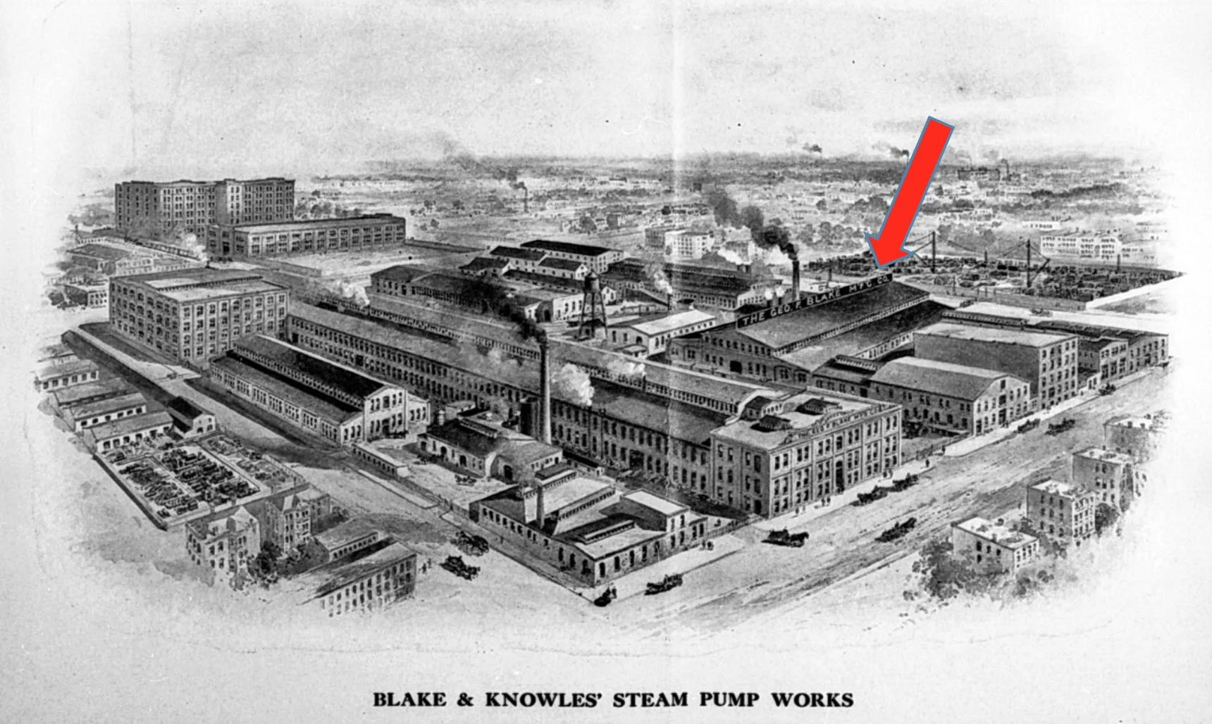 The arrow indicates the Foundry Building - Image circa 1910