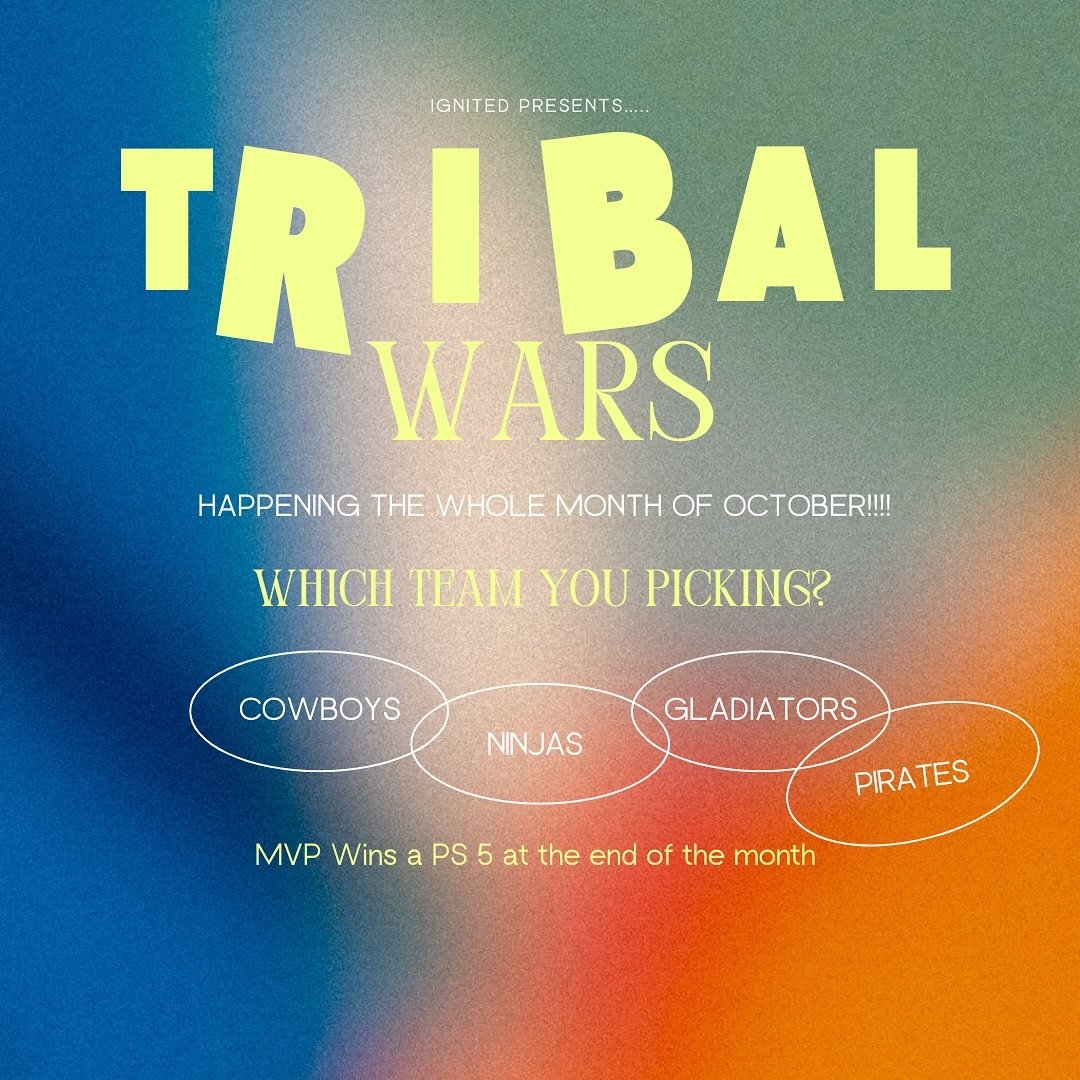 Tribal Wars
Starts this Wednesday @ 7PM

4 teams
-Ninjas
-Cowboys
-Pirates 
-Gladiators 

We will compete all month to see which team gets the most points!!!

The winning team will win a Party lounge filled with burgers, Bacon, all types of candy, Cr