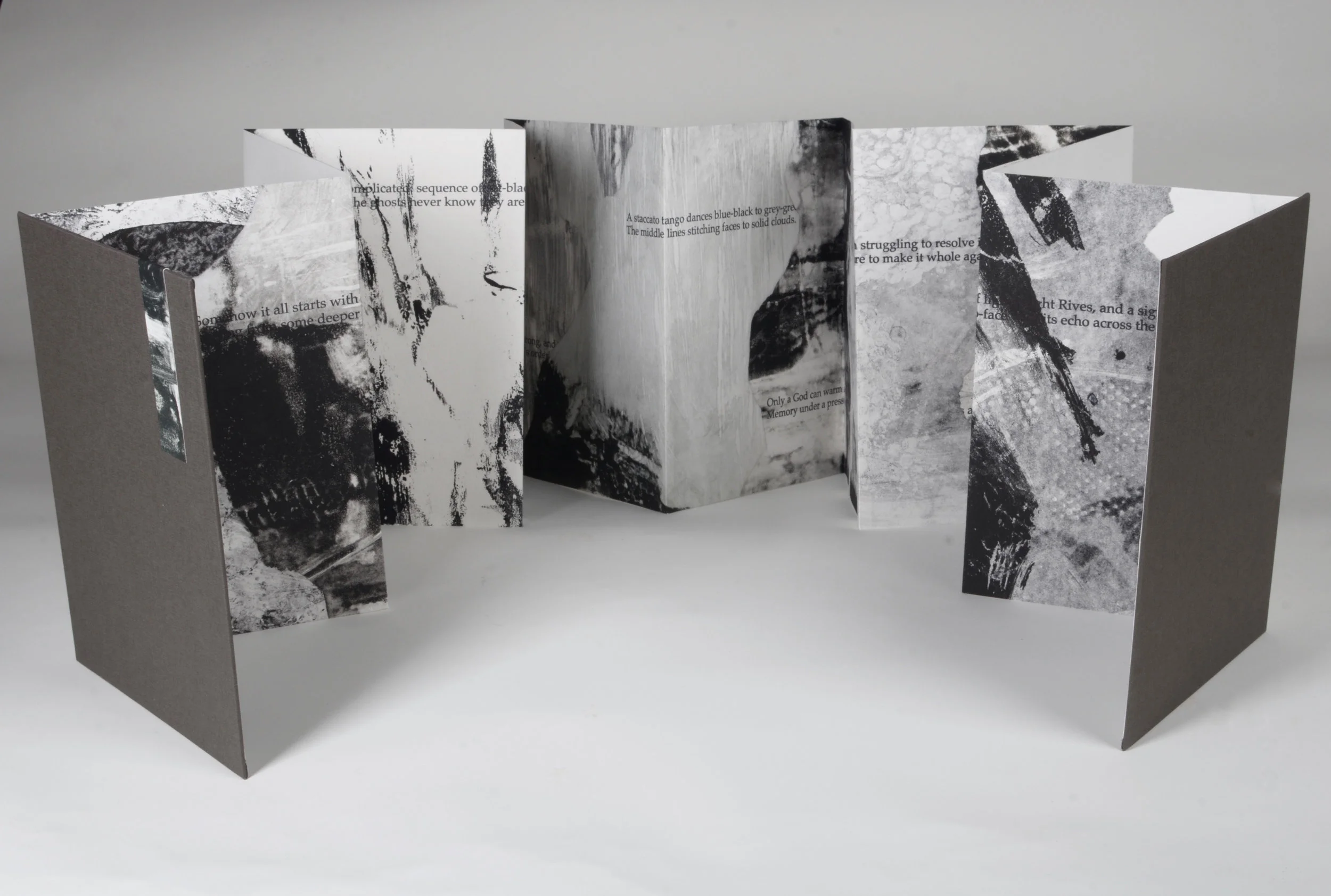 Fragments Accordion book, 12 panels. 10” x 7” closed. 10” x 84” open. Monotype with letterpress