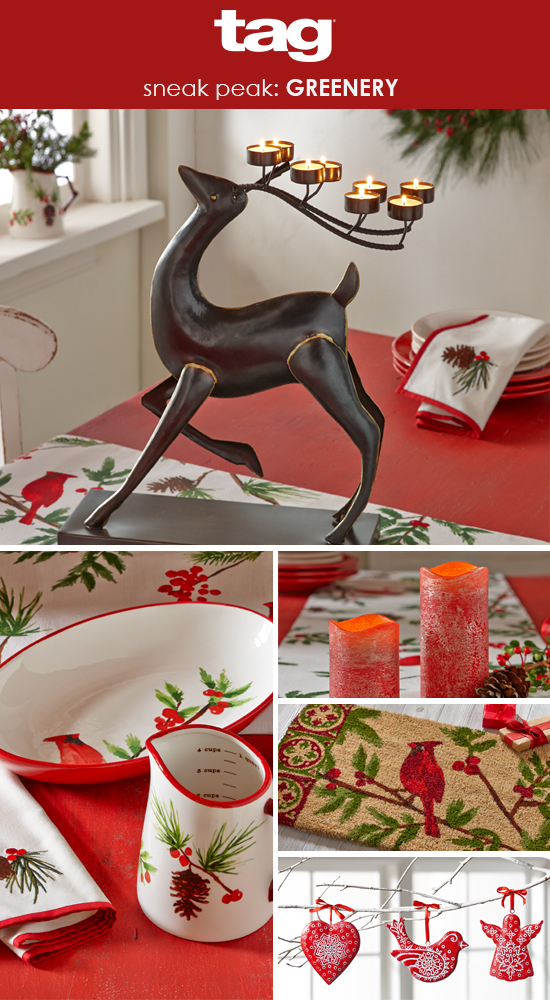 updated greenery collection for 2015 fall holiday, featuring classic cardinal and pine cone motifs, flameless LED pillar candles, reindeer votive holders, and ornaments. 