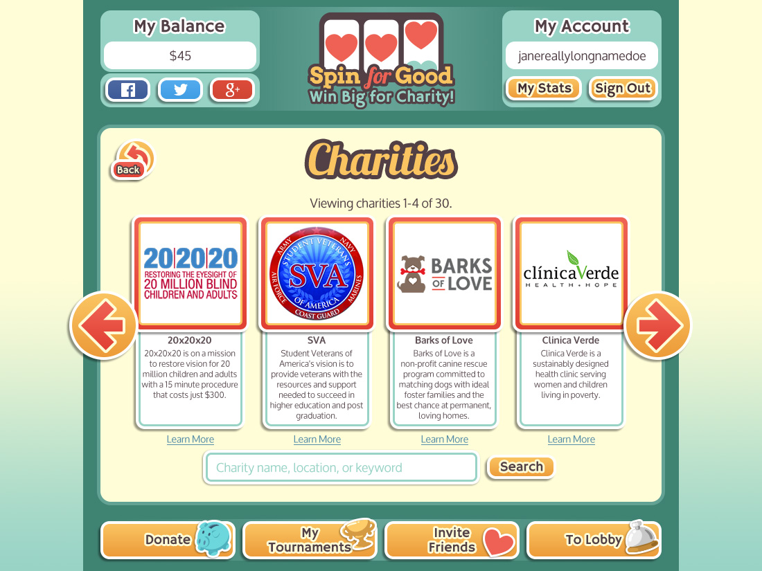 Spin For Good UI - Charity Selection Screen
