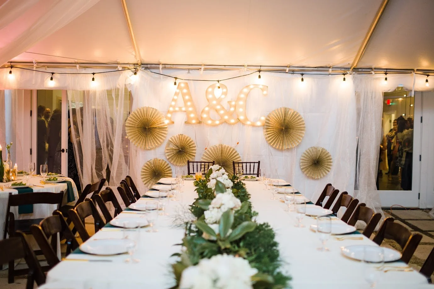 Photo by Forage and Film 40 x 40 white top tent with marquis to ballroom doors and tent liner from Grand Rental Station