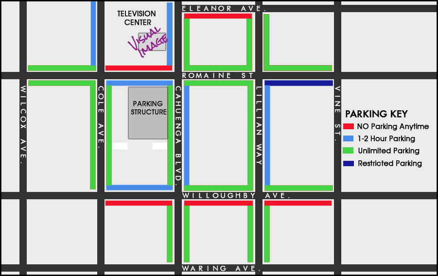STREET PARKING - Current as of Summer 2015 but please check all signs The new Parking Structure is available to park in by the hour or day - check the rates for details PARKING is available for pick up and drop off of materials/tapes/film etc for 15 mins MAX underneath the Visual Image office. Alert Security guard at the gate for confirmation. Thank You