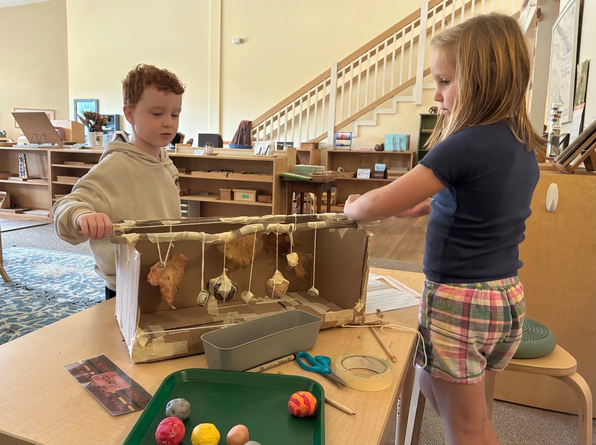 Two children work on a model of the solar system