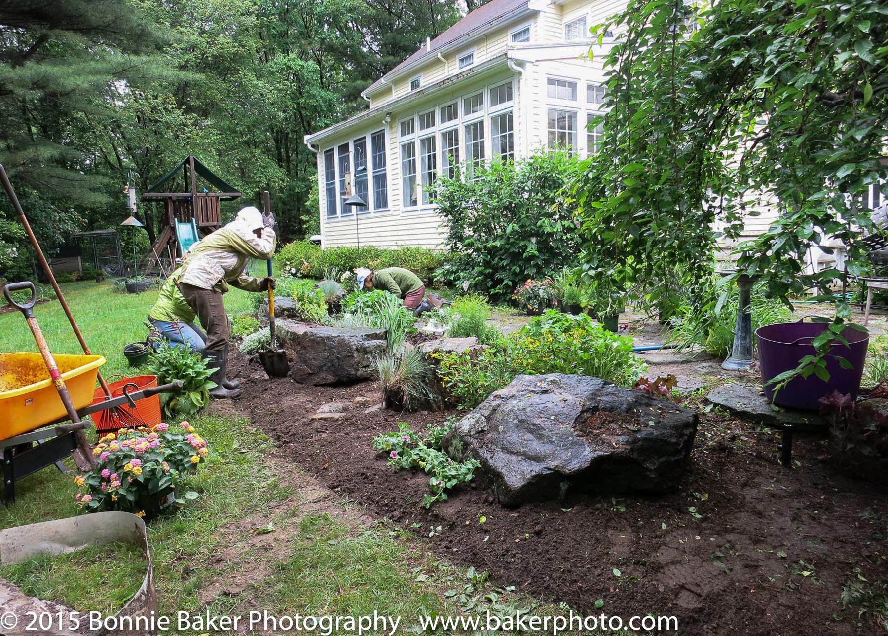 Thyme in the Garden workers installing new plants around our new rock garden border.