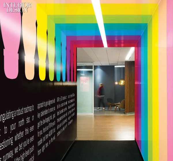 Vitaminwater bottles suggested the stripes for a hallway to a break-out area.