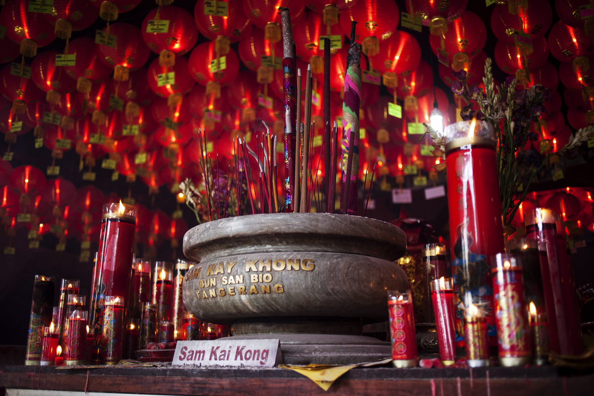 TANGERANG, INDONESIA - JANUARY 31: Decorations are displayed during Chinese New Year celebrations for the Year of The Horse at Bun San Bio Temple on January 31, 2014 in Tangerang, Indonesia. Indonesian Chinese today are celebrating the Chinese New Year and welcoming the Year of the Horse, with new year's day falling on January 31st. Chinese new Year is the most important festival in the Chinese calendar and is widely celebrated across Asia. (Photo by Oscar Siagian/Getty Images)