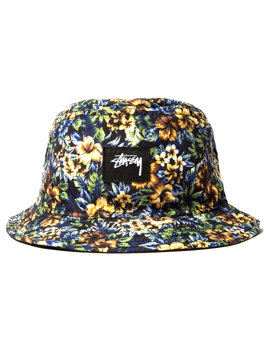 ISLAND REVERSIBLE BUCKET HAT Constructed from 100% cotton. Features an island flower print on one side and solid color on reverse. Includes signature Stussy detailing.