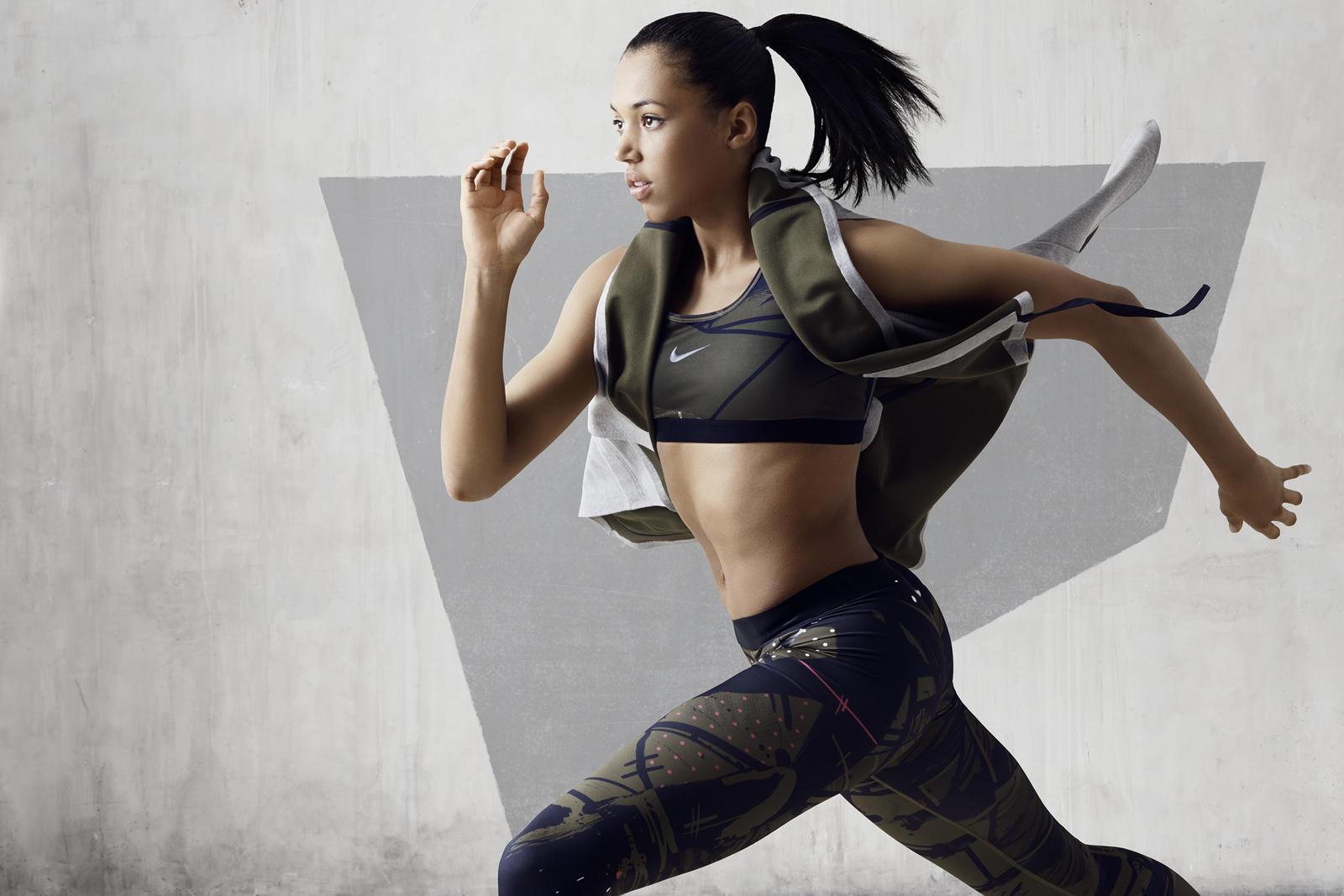 UK Track and Field athlete, Morgan Lake, wears NikeLab x JFS Pro Bra, NikeLab x JFS Pro Tight and NikeLab x JFS Sleeveless Cape.