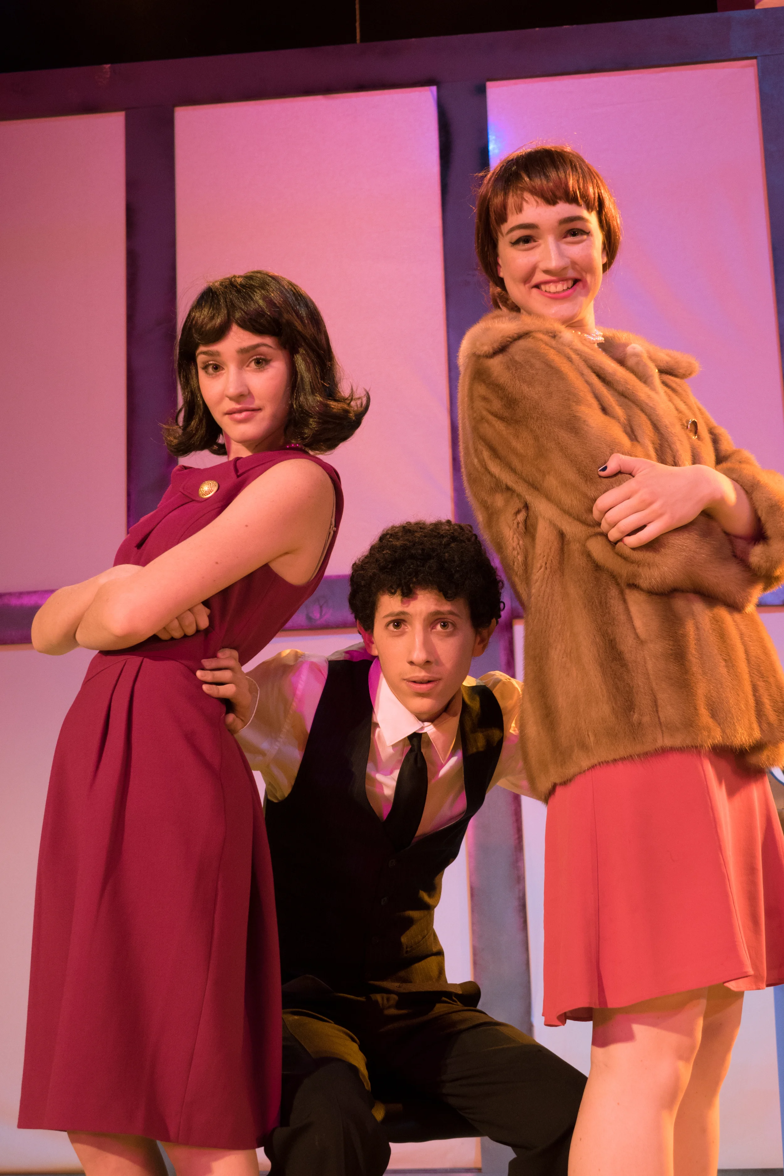 (L to R) In How to Succeed in Business Without Really Trying, Ciara Tolliver plays Rosemary Pilkington, Aaron Linker as J. Pierrepont Finch and Camille Umoff as Hedy LaRue. Photo Courtesy of Beau Lettieri.