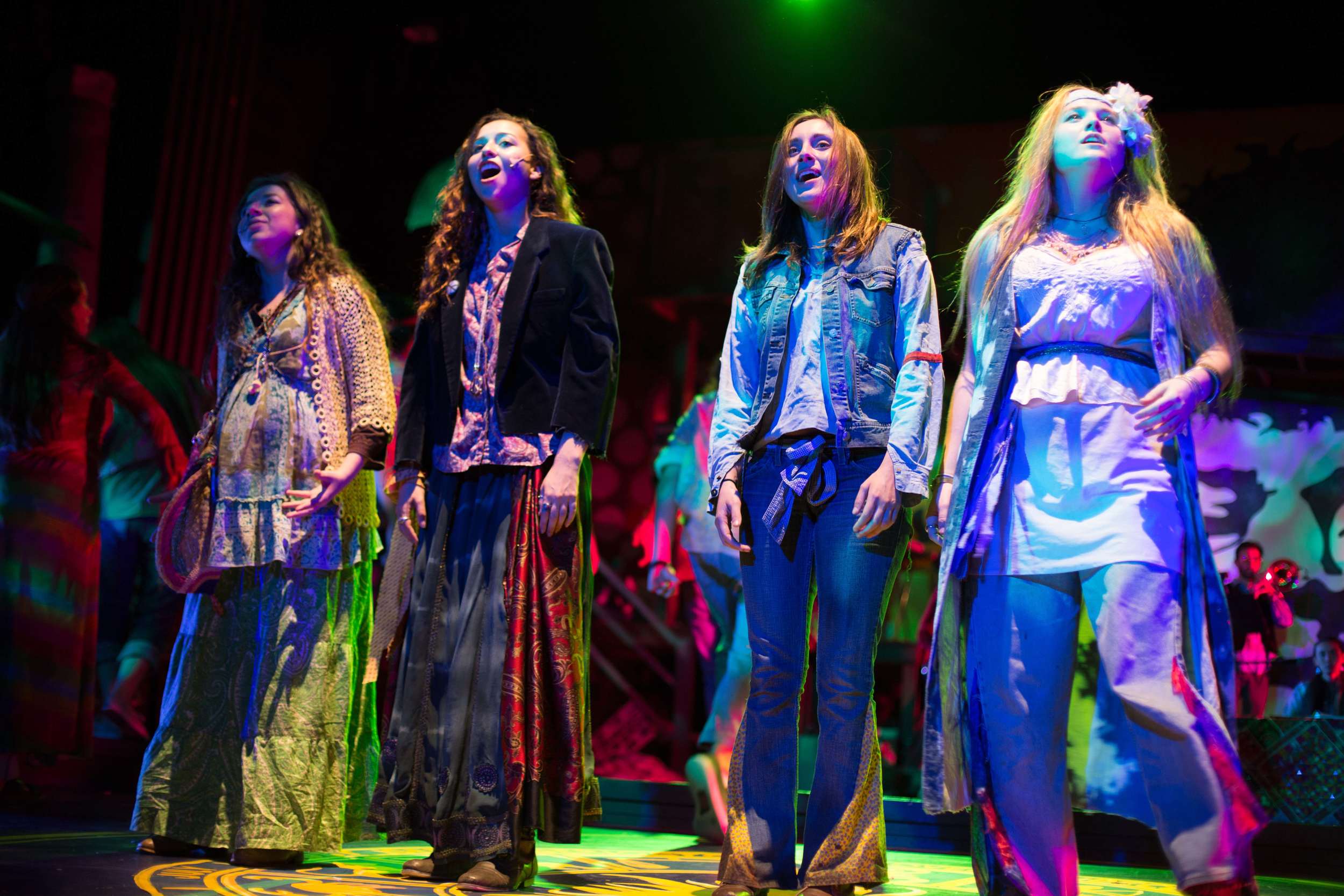 Hair the musical at Santa Barbara High School Theatre. Dircted by Otto Layman, Chrorgaphy by Jenna Tico, Musical Direction by Jon Nathan, Vocal Direction by Sio Tepper, Costume Design by Bonnie Thor, Light Design by Mike Madden, Set Design by Otto Layman, Technical Direction by Jonathan Mitchell, Projection Design by Beau Lettieri