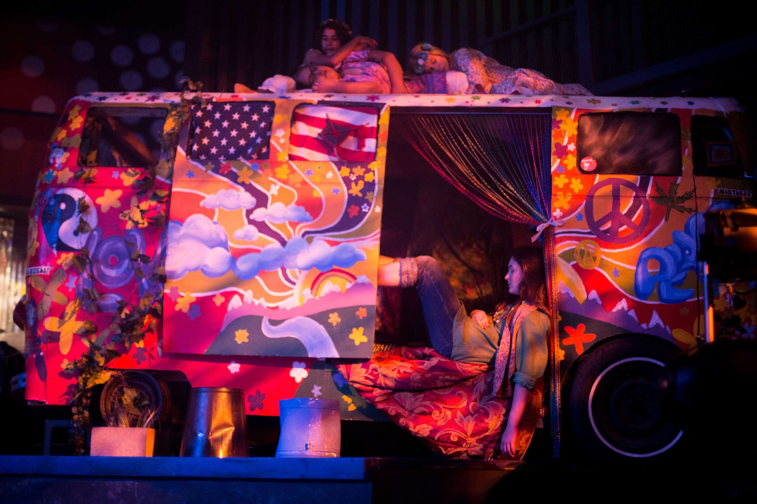 Hair the musical at Santa Barbara High School Theatre. Dircted by Otto Layman, Chrorgaphy by Jenna Tico, Musical Direction by Jon Nathan, Vocal Direction by Sio Tepper, Costume Design by Bonnie Thor, Light Design by Mike Madden, Set Design by Otto