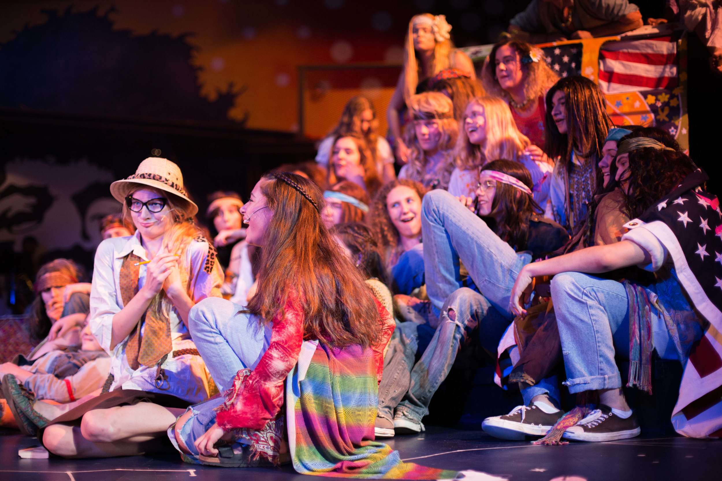 Hair the musical at Santa Barbara High School Theatre. Dircted by Otto Layman, Chrorgaphy by Jenna Tico, Musical Direction by Jon Nathan, Vocal Direction by Sio Tepper, Costume Design by Bonnie Thor, Light Design by Mike Madden, Set Design by Otto