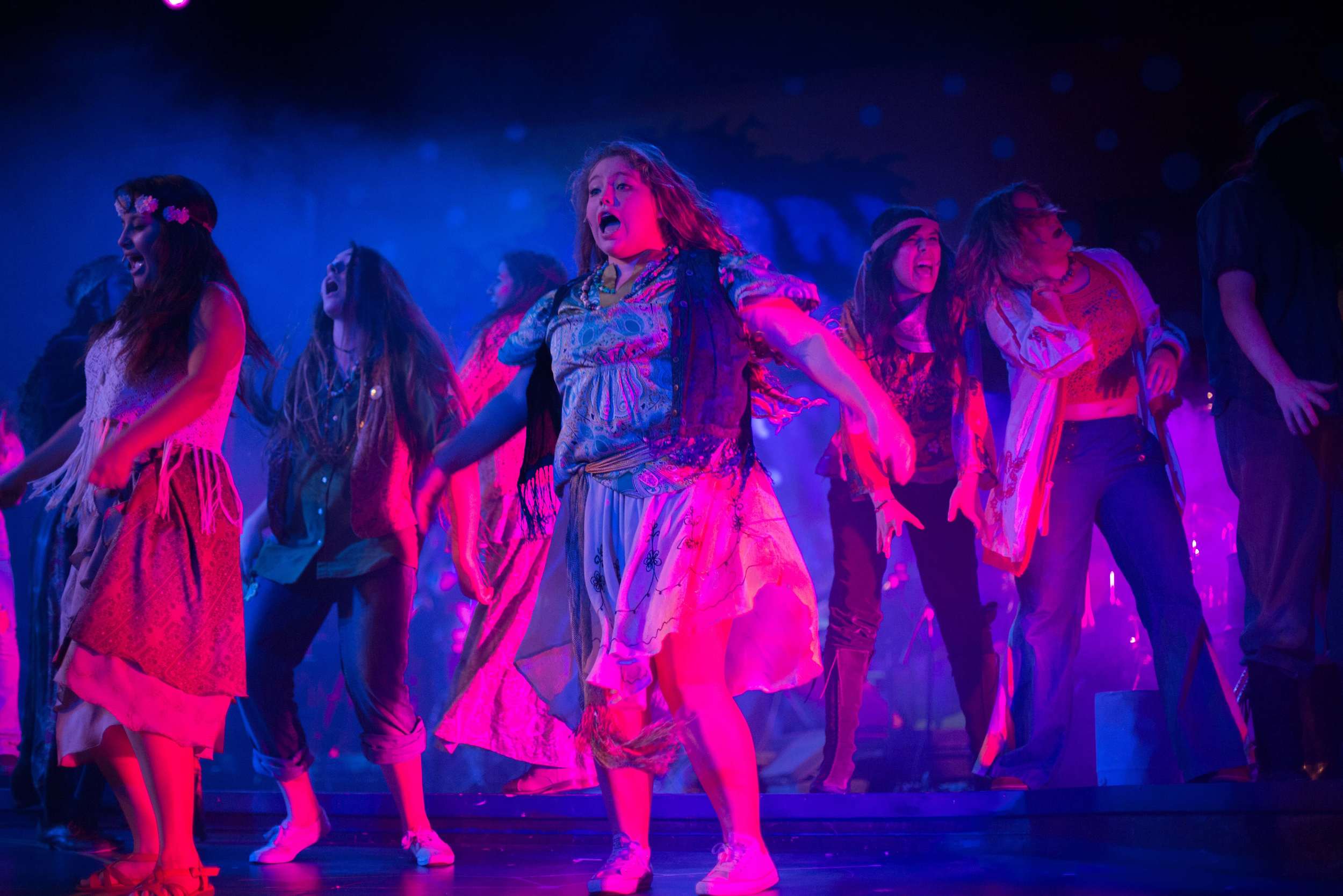 Hair the musical at Santa Barbara High School Theatre. Dircted by Otto Layman, Chrorgaphy by Jenna Tico, Musical Direction by Jon Nathan, Vocal Direction by Sio Tepper, Costume Design by Bonnie Thor, Light Design by Mike Madden, Set Design by Otto Layman, Technical Direction by Jonathan Mitchell, Projection Design by Beau Lettieri