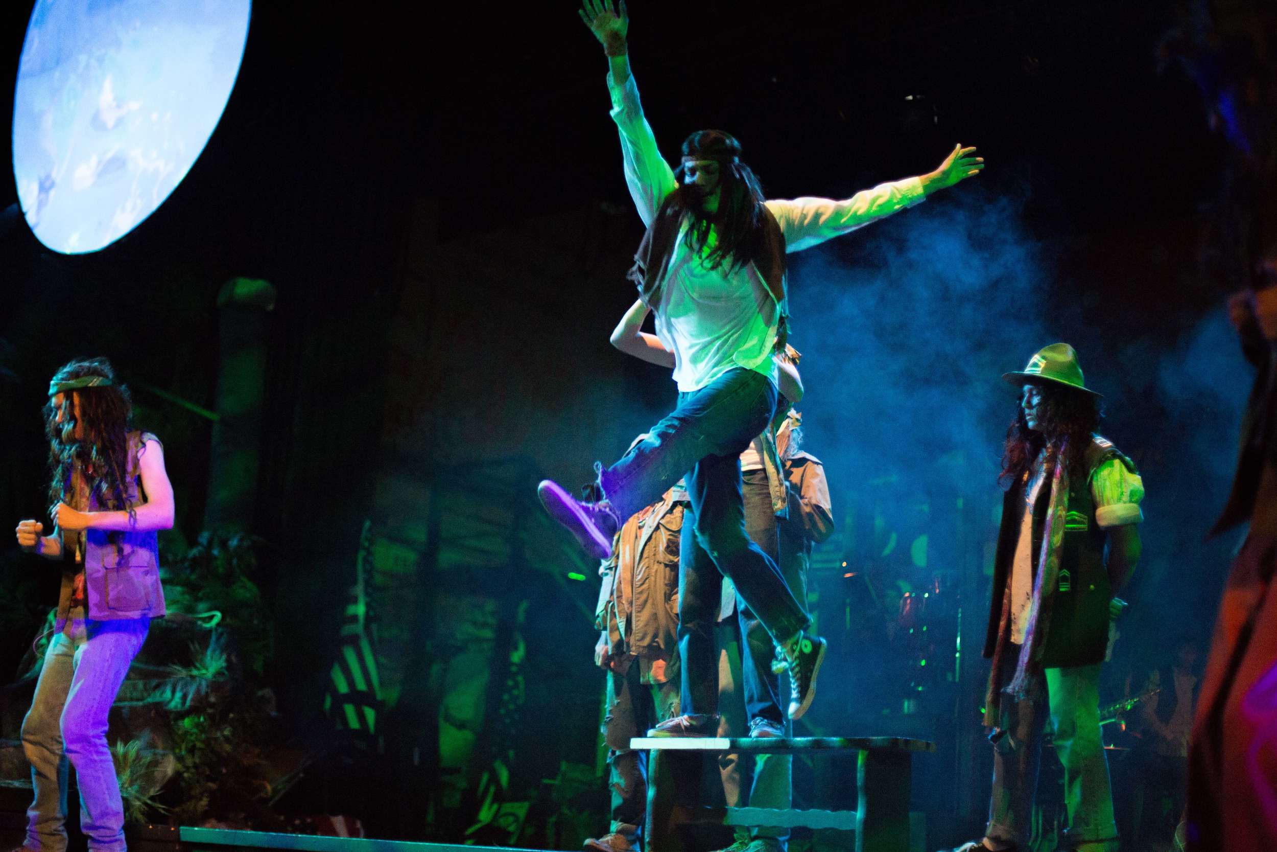 Hair the musical at Santa Barbara High School Theatre. Dircted by Otto Layman, Chrorgaphy by Jenna Tico, Musical Direction by Jon Nathan, Vocal Direction by Sio Tepper, Costume Design by Bonnie Thor, Light Design by Mike Madden, Set Design by Otto Layman, Technical Direction by Jonathan Mitchell, Projection Design by Beau Lettieri