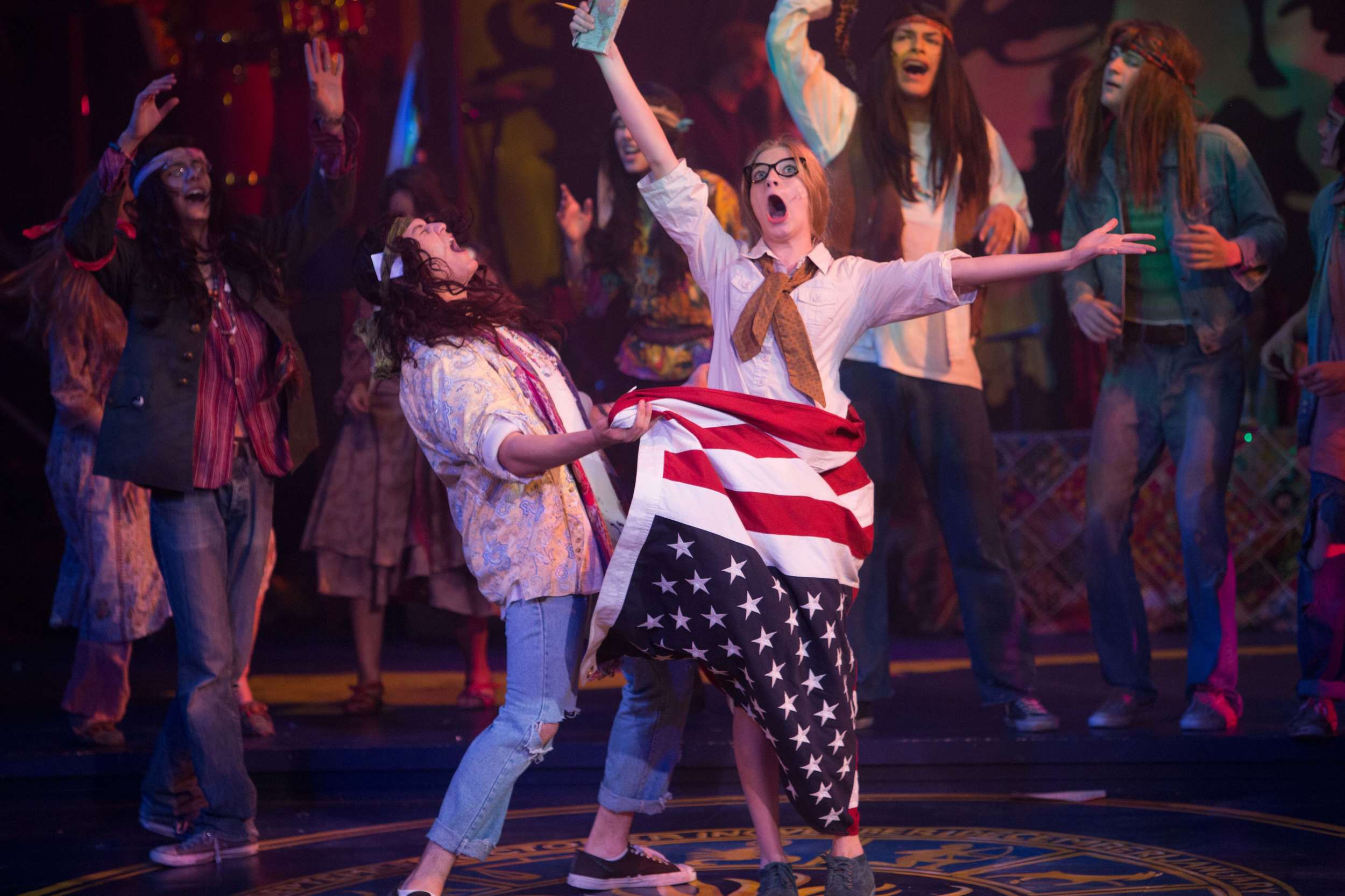 Hair the musical at Santa Barbara High School Theatre. Dircted by Otto Layman, Chrorgaphy by Jenna Tico, Musical Direction by Jon Nathan, Vocal Direction by Sio Tepper, Costume Design by Bonnie Thor, Light Design by Mike Madden, Set Design by Otto
