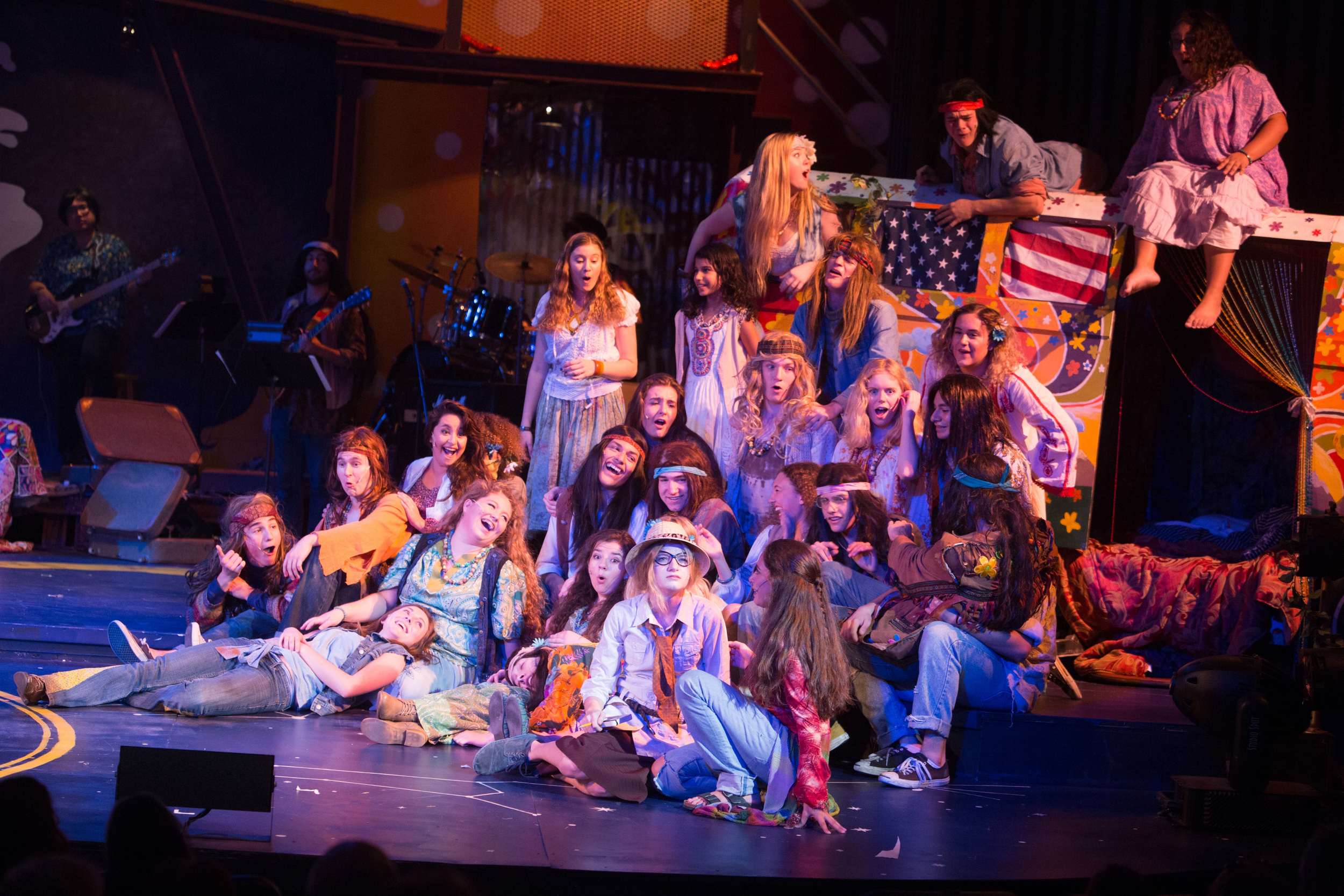 Hair the musical at Santa Barbara High School Theatre. Dircted by Otto Layman, Chrorgaphy by Jenna Tico, Musical Direction by Jon Nathan, Vocal Direction by Sio Tepper, Costume Design by Bonnie Thor, Light Design by Mike Madden, Set Design by Otto Layman, Technical Direction by Jonathan Mitchell, Projection Design by Beau Lettieri
