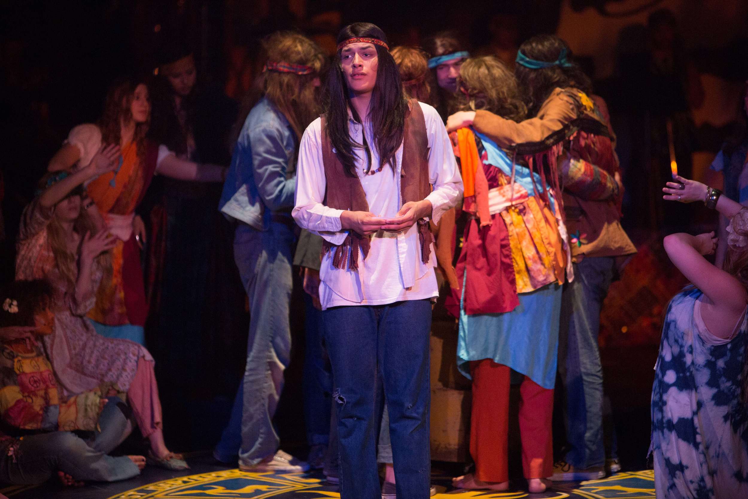 Hair the musical at Santa Barbara High School Theatre. Dircted by Otto Layman, Chrorgaphy by Jenna Tico, Musical Direction by Jon Nathan, Vocal Direction by Sio Tepper, Costume Design by Bonnie Thor, Light Design by Mike Madden, Set Design by Otto