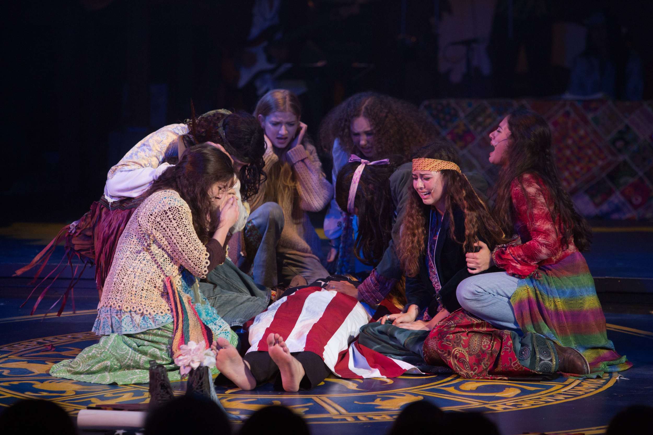 Hair the musical at Santa Barbara High School Theatre. Dircted by Otto Layman, Chrorgaphy by Jenna Tico, Musical Direction by Jon Nathan, Vocal Direction by Sio Tepper, Costume Design by Bonnie Thor, Light Design by Mike Madden, Set Design by Otto Layman, Technical Direction by Jonathan Mitchell, Projection Design by Beau Lettieri