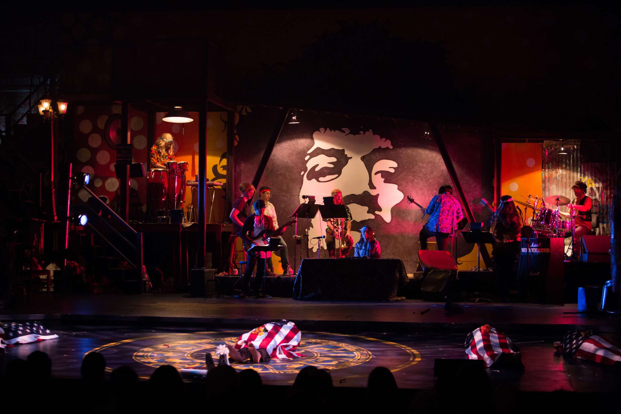 Hair the musical at Santa Barbara High School Theatre. Dircted by Otto Layman, Chrorgaphy by Jenna Tico, Musical Direction by Jon Nathan, Vocal Direction by Sio Tepper, Costume Design by Bonnie Thor, Light Design by Mike Madden, Set Design by Otto