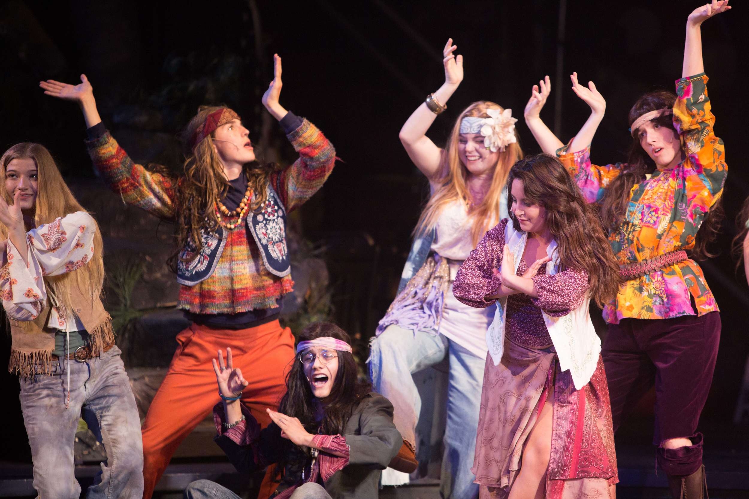 Hair the musical at Santa Barbara High School Theatre. Dircted by Otto Layman, Chrorgaphy by Jenna Tico, Musical Direction by Jon Nathan, Vocal Direction by Sio Tepper, Costume Design by Bonnie Thor, Light Design by Mike Madden, Set Design by Otto Layman, Technical Direction by Jonathan Mitchell, Projection Design by Beau Lettieri