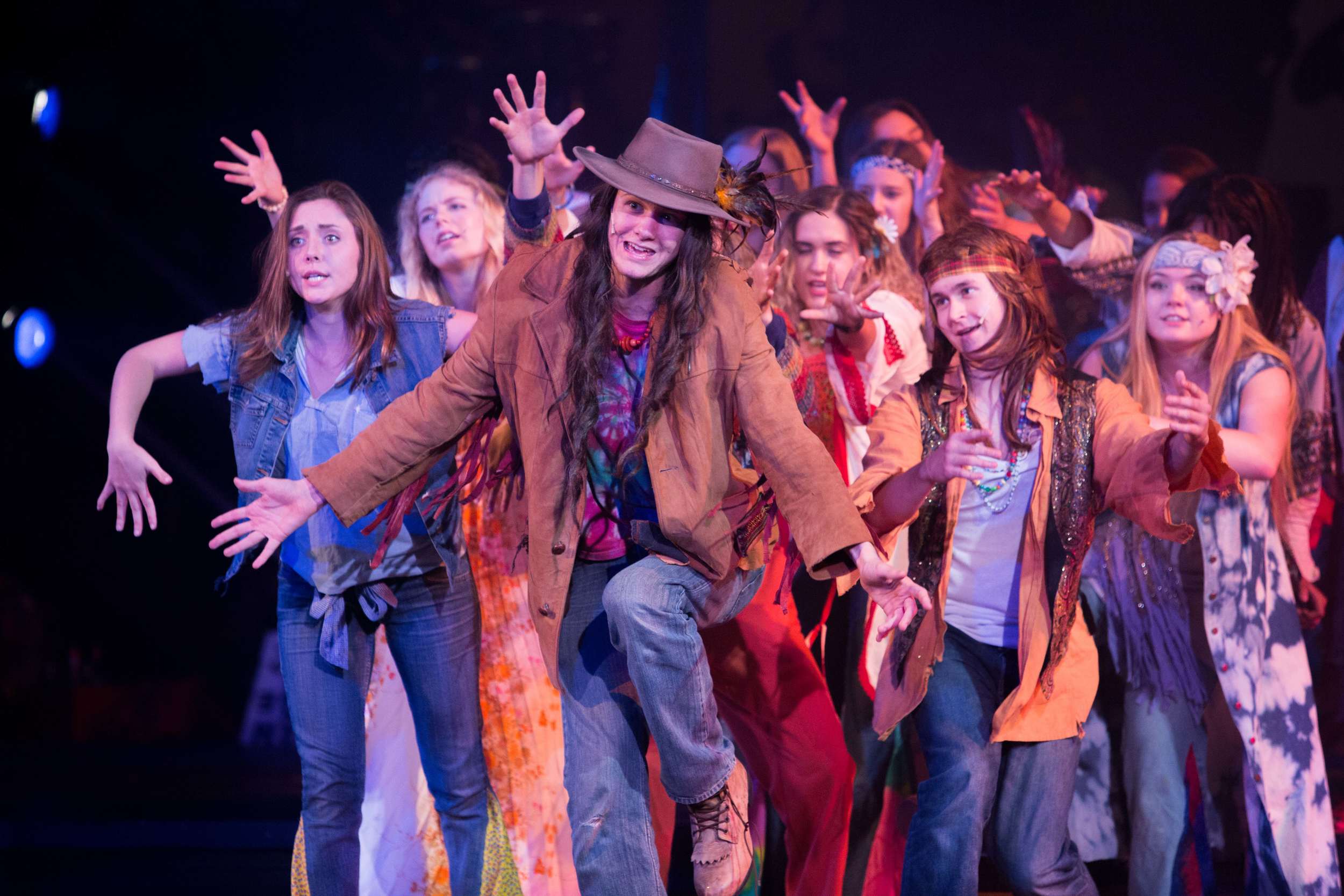 Hair the musical at Santa Barbara High School Theatre. Dircted by Otto Layman, Chrorgaphy by Jenna Tico, Musical Direction by Jon Nathan, Vocal Direction by Sio Tepper, Costume Design by Bonnie Thor, Light Design by Mike Madden, Set Design by Otto