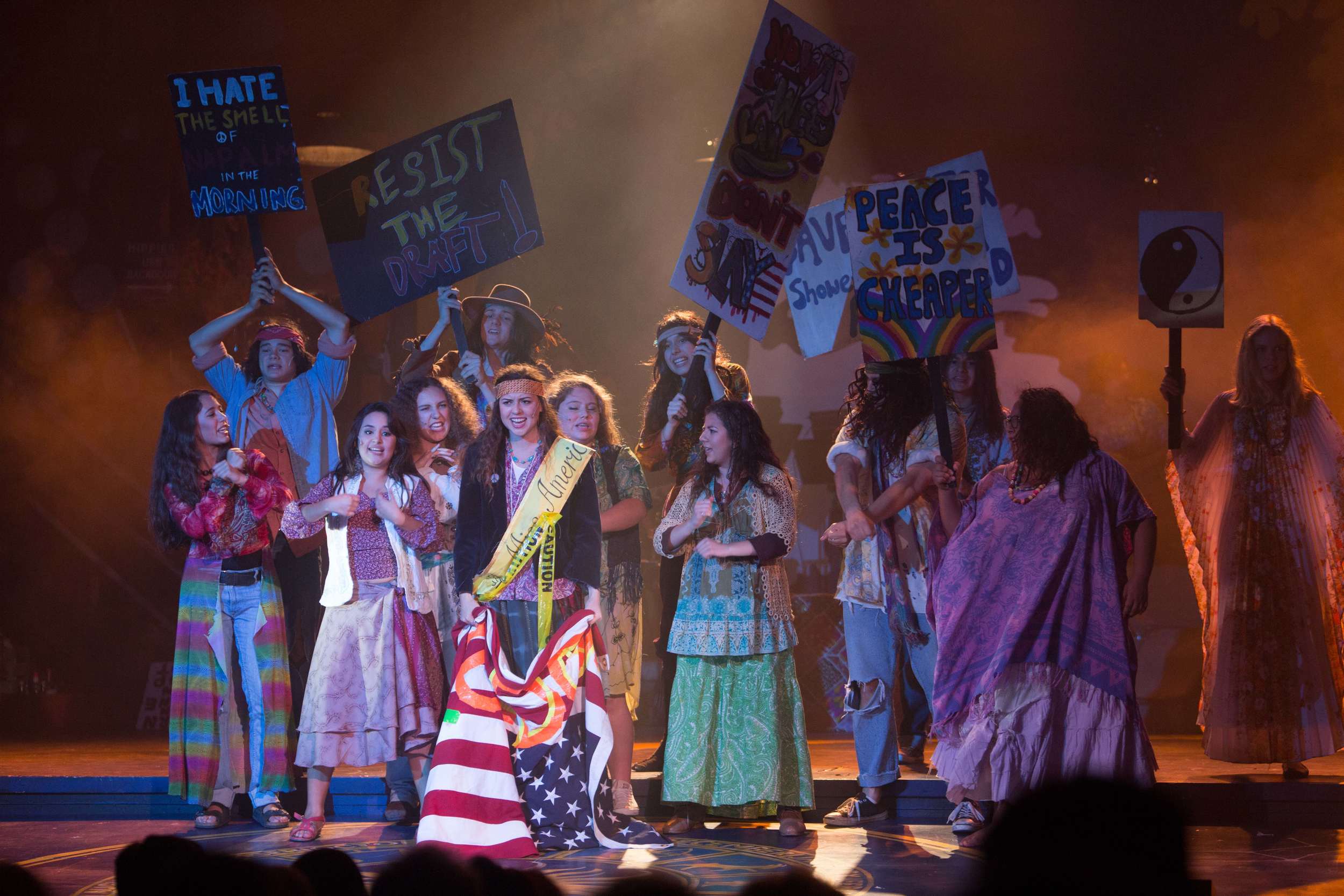 Hair the musical at Santa Barbara High School Theatre. Dircted by Otto Layman, Chrorgaphy by Jenna Tico, Musical Direction by Jon Nathan, Vocal Direction by Sio Tepper, Costume Design by Bonnie Thor, Light Design by Mike Madden, Set Design by Otto Layman, Technical Direction by Jonathan Mitchell, Projection Design by Beau Lettieri
