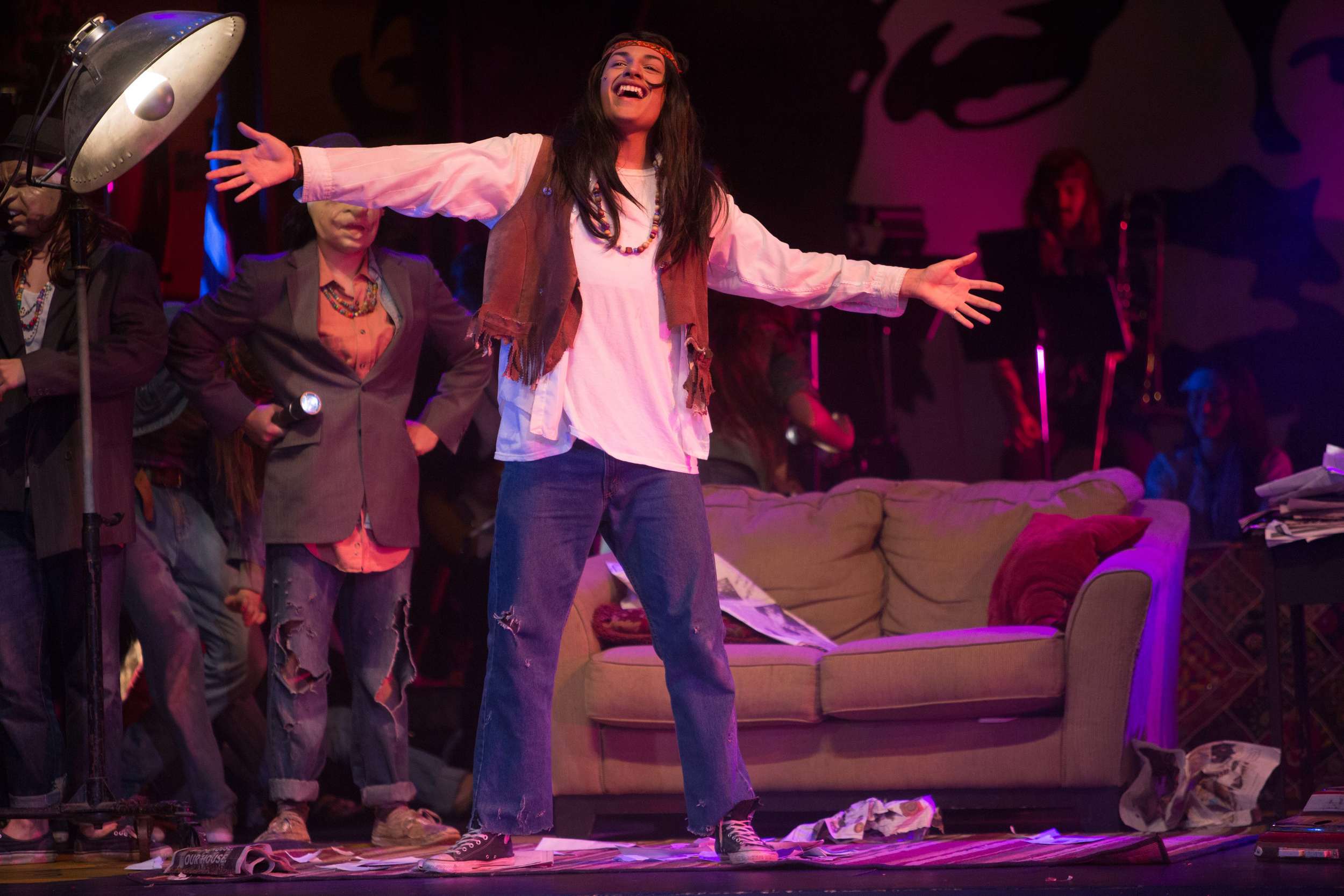 Hair the musical at Santa Barbara High School Theatre. Dircted by Otto Layman, Chrorgaphy by Jenna Tico, Musical Direction by Jon Nathan, Vocal Direction by Sio Tepper, Costume Design by Bonnie Thor, Light Design by Mike Madden, Set Design by Otto