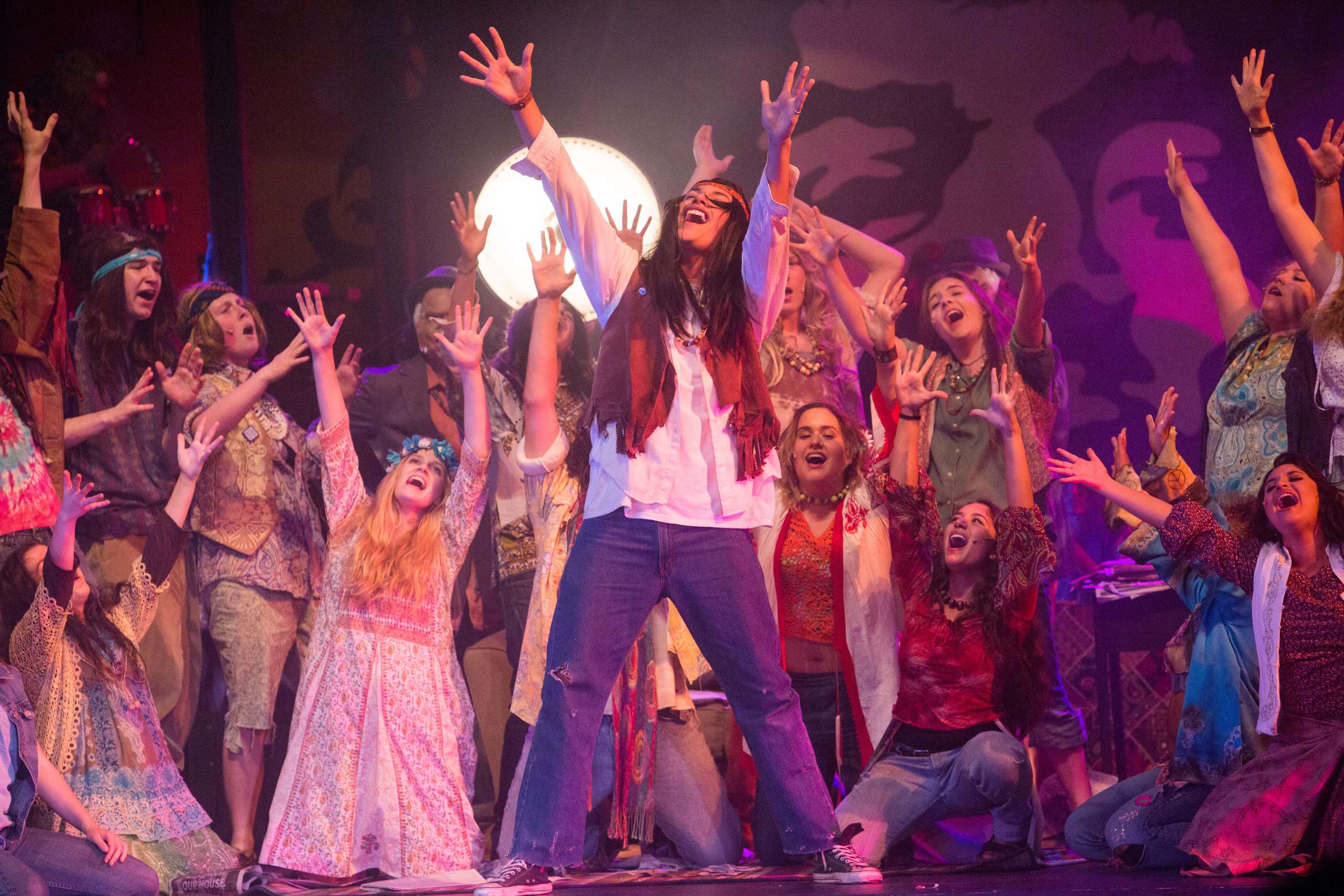 Hair the musical at Santa Barbara High School Theatre. Dircted by Otto Layman, Chrorgaphy by Jenna Tico, Musical Direction by Jon Nathan, Vocal Direction by Sio Tepper, Costume Design by Bonnie Thor, Light Design by Mike Madden, Set Design by Otto