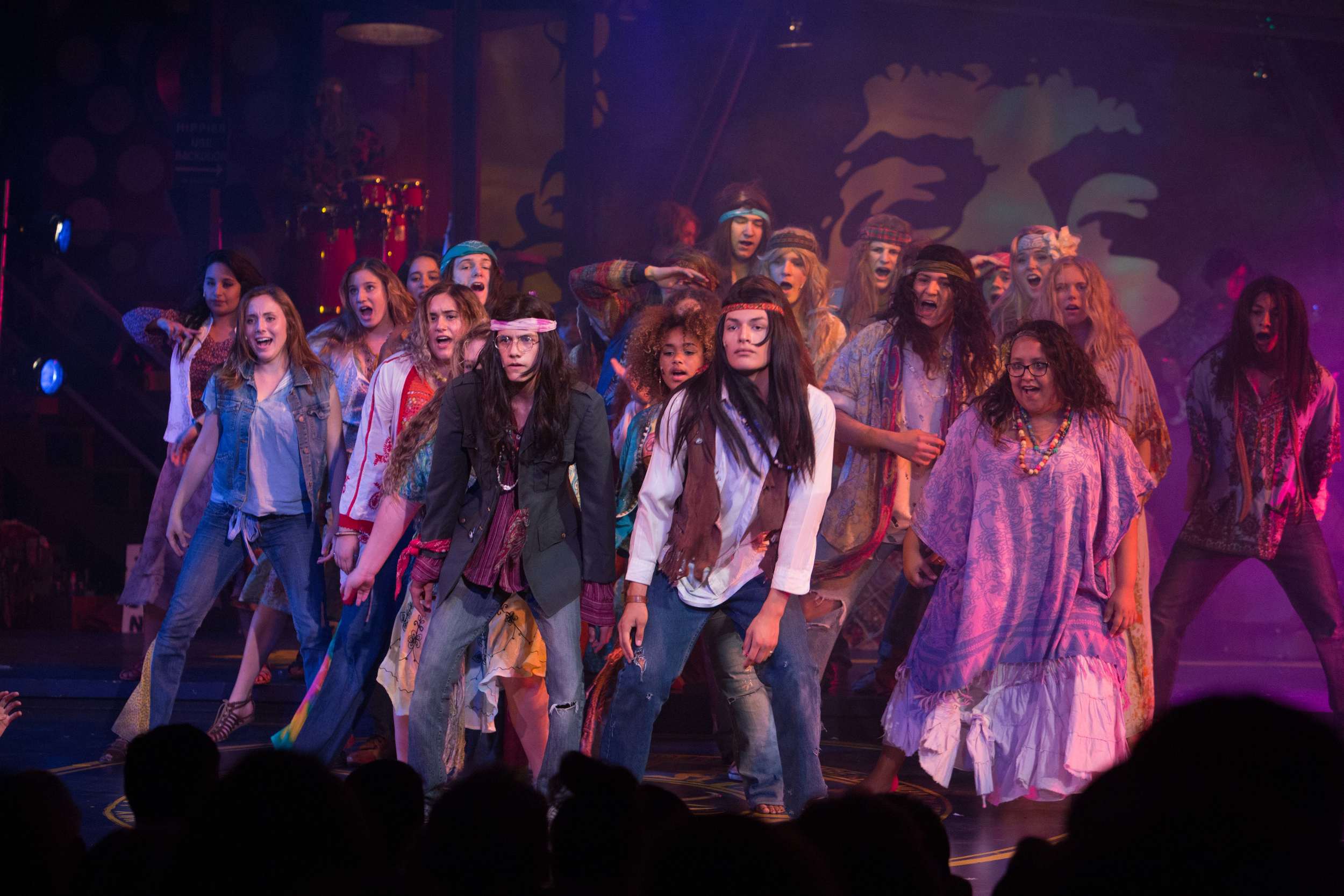 Hair the musical at Santa Barbara High School Theatre. Dircted by Otto Layman, Chrorgaphy by Jenna Tico, Musical Direction by Jon Nathan, Vocal Direction by Sio Tepper, Costume Design by Bonnie Thor, Light Design by Mike Madden, Set Design by Otto Layman, Technical Direction by Jonathan Mitchell, Projection Design by Beau Lettieri
