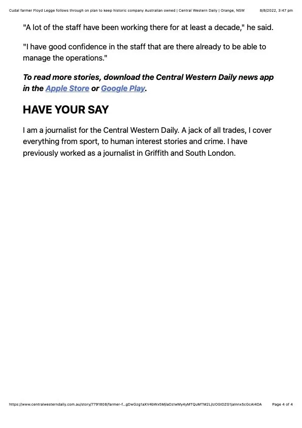 Cudal farmer Floyd Legge follows through on plan to keep historic company Australian owned