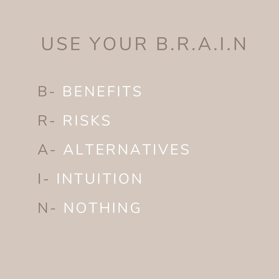 ✨Your preference and voice matter✨⠀⠀⠀⠀⠀⠀⠀⠀⠀
⠀⠀⠀⠀⠀⠀⠀⠀⠀
When faced with medical decision making during pregnancy or in the midst of labor it helps to ask for time to think. Using the BRAIN acronym can be useful to make a choice based on wisdom, prefere