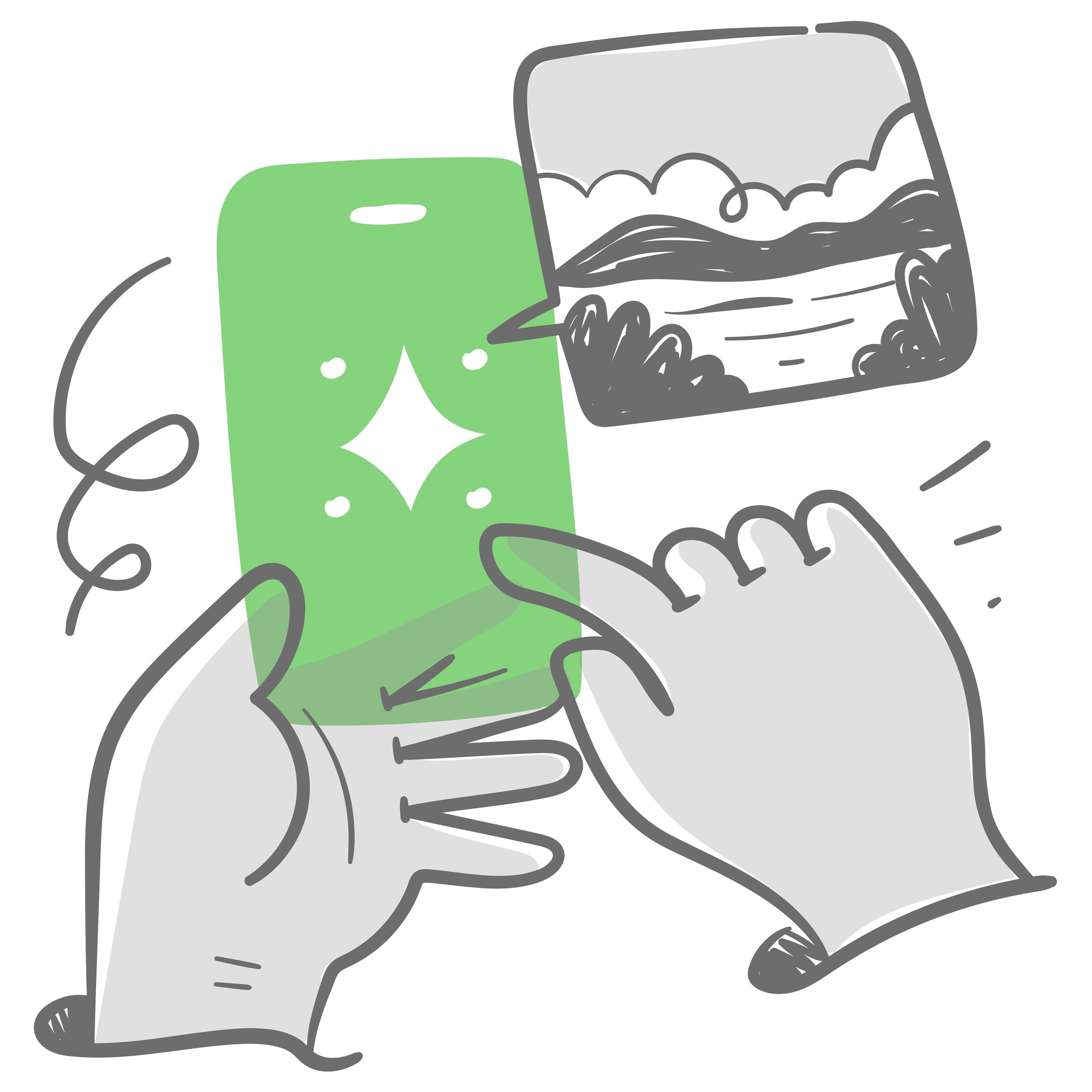 Illustrasjon av en hånd som holder en mobiltelefon med en åpen eske og en kommode i bakgrunnen.