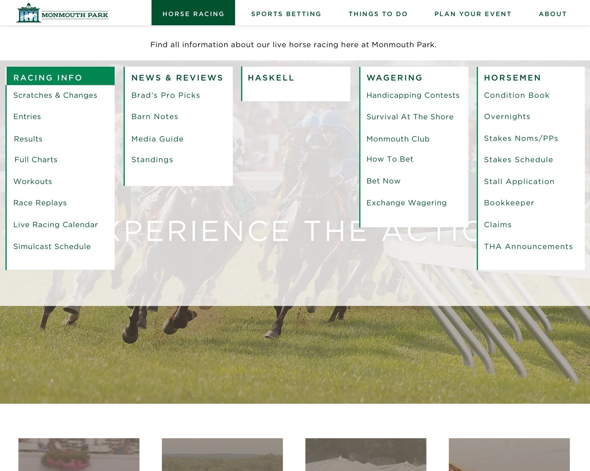 UI mock of desktop nav for Monmouth Racetrack website