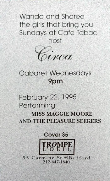 “Back of Circa invite for Lesbian cabaret night at Trompe L’Oeil. We showcased LGBTQ performers, chanteuses and musicians, 1995.” - Wanda Acosta, 2018. Image courtesy of Wanda Acosta.