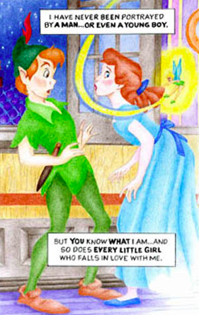 “‘You Know What I am’ is very important to me because I have devoted my artistic life to pointing out the hypocrisy evident in everything from Disney fairy tales to the blind eye by the Catholic Church to sexual assault on WOMEN. ‘You Know What I Am’ states a simple fact: Peter Pan was a dyke.” - Michela, 2019. Image courtesy of Michela Griffo.