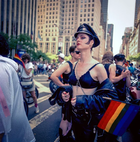 Gay Pride Motorcycle Woman, NYC 1989. Image courtesy of Joyce Culver.