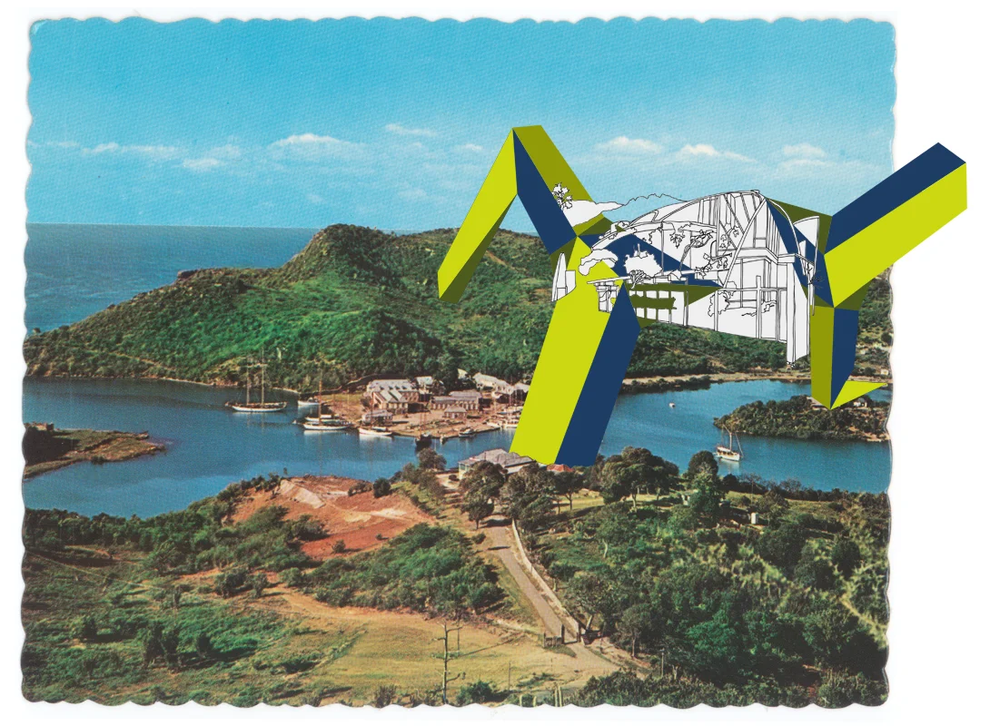Sight Line Series: Antigua, W.I., 2013, drawing and collage on photo, 13 x 18 in.