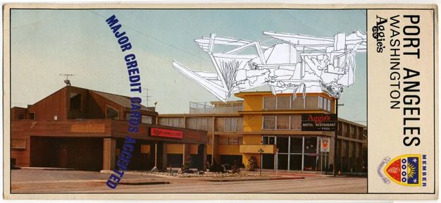 Sightline Series: Aggie's Friendship Inn (Port Angeles, WA), 2011, drawing on postcard, 4 x 9 in.